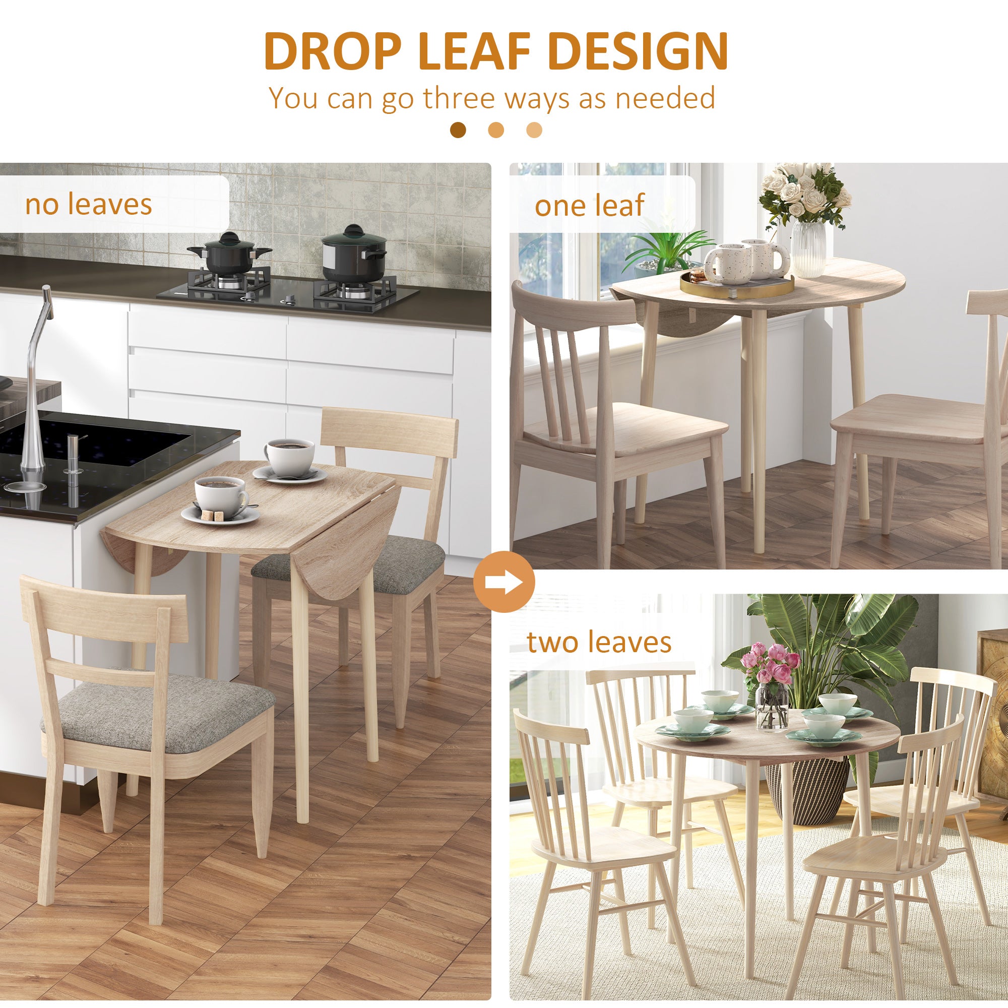 HOMCOM Folding Dining Table for 4, Round Drop Leaf Table, Modern Space Saving Small Kitchen Table with Wood Legs for Dining Room, Natural - North Peak Garden Furniture