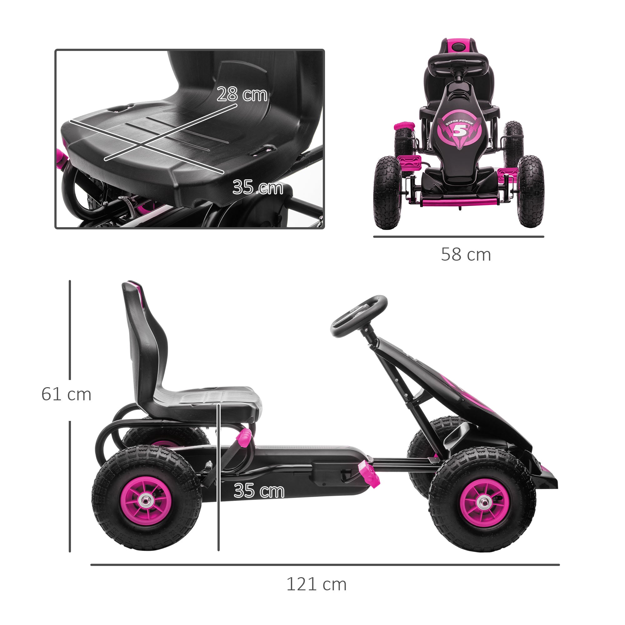 HOMCOM Kids Pedal Go Kart, with Adjustable Seat, Inflatable Tyres - Pink - North Peak Garden Furniture