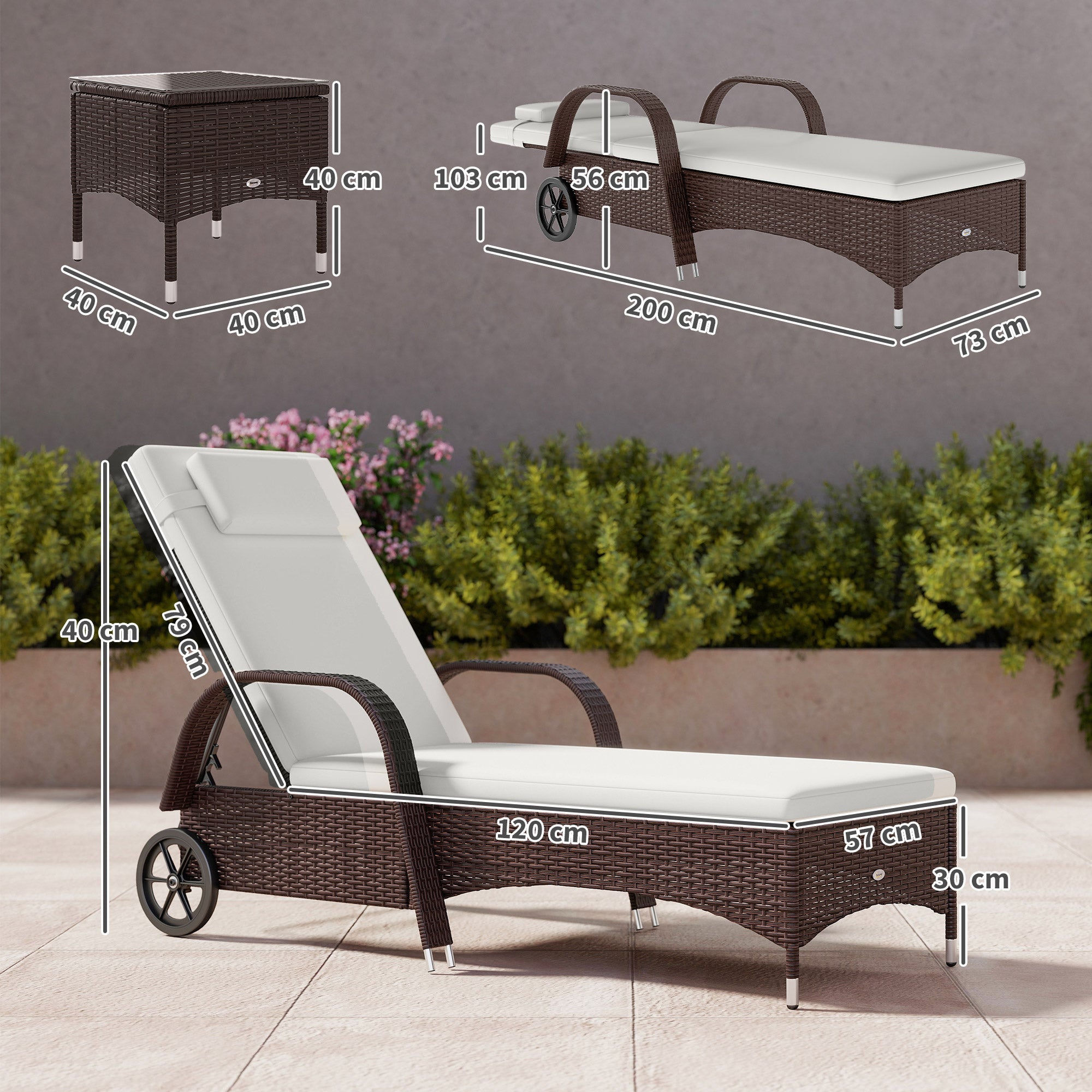 Outsunny 3 Pieces PE Rattan Patio Lounge Chair Set, Outdoor Recliner Lounge Chairs with Wheels, for Outside with Cushions, Headrest, Coffee Table for Garden, Poolside, Brown