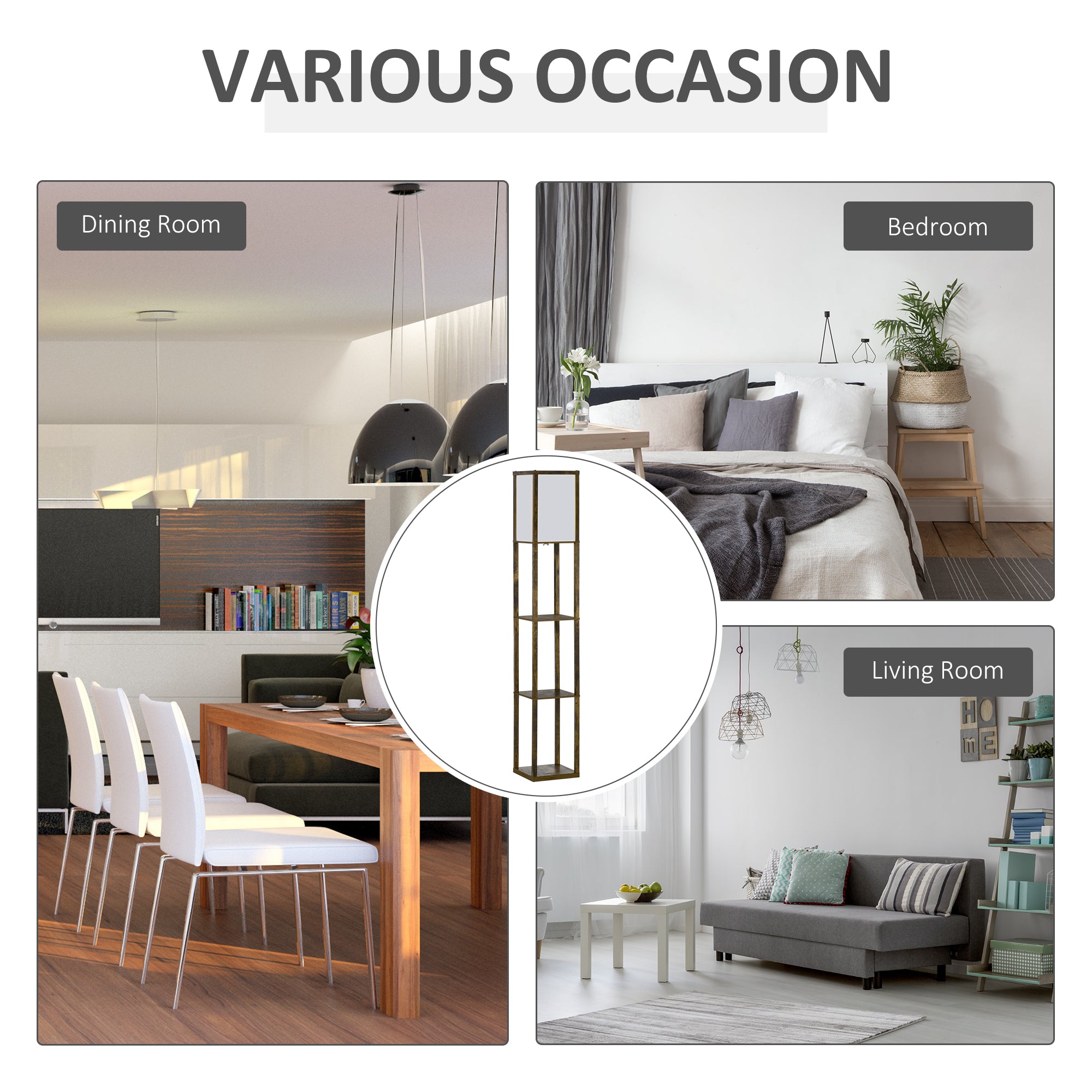 HOMCOM 3-Tier Floor Lamp, Floor Light with Storage Shelf, Reading Standing Lamp for Living Room, Bedroom, Kitchen, Dining Room, Office, Dorm, 160cm, Brown - North Peak Garden Furniture