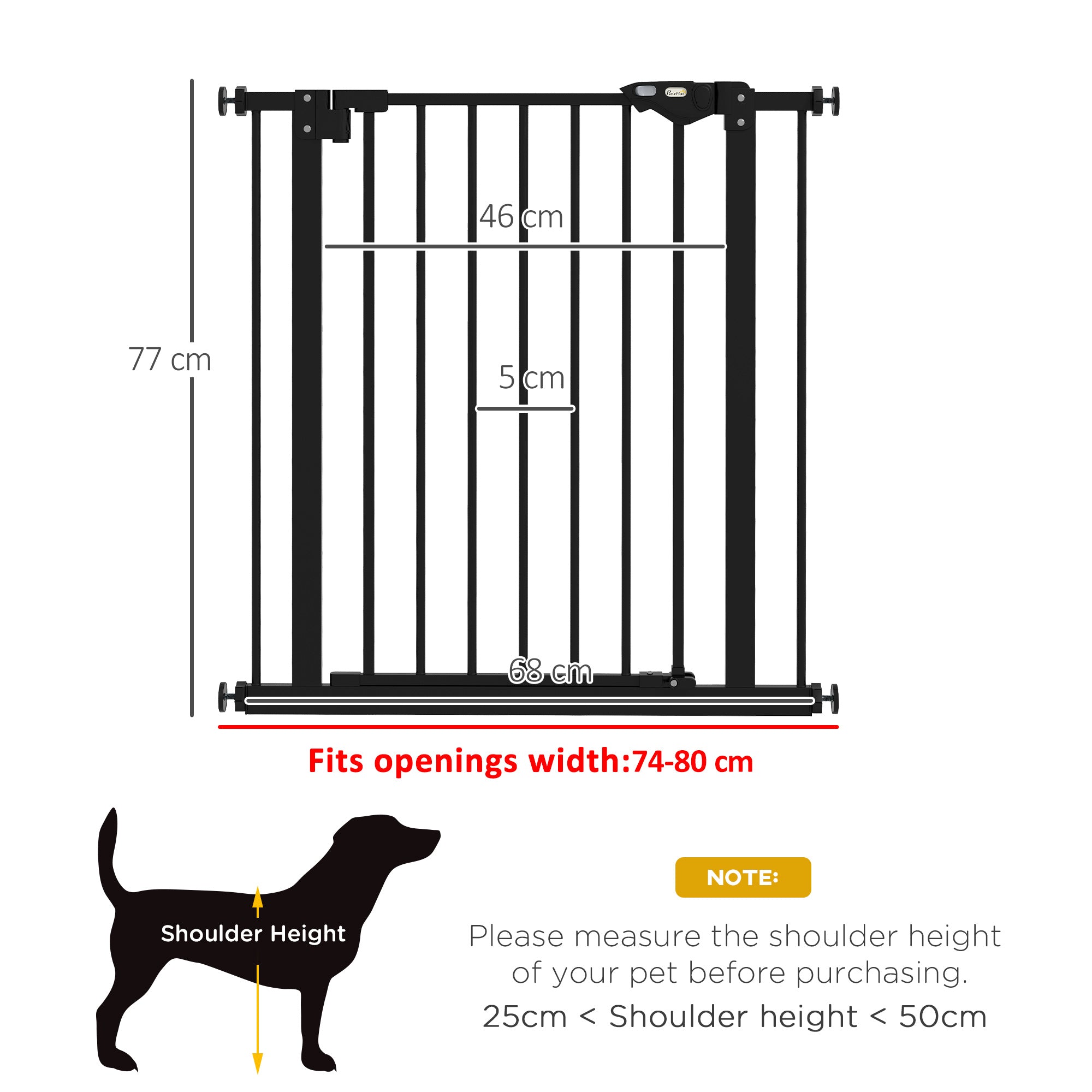 PawHut Metal 74-80cm Wide Adjustable Dog Gate Black - North Peak Garden Furniture