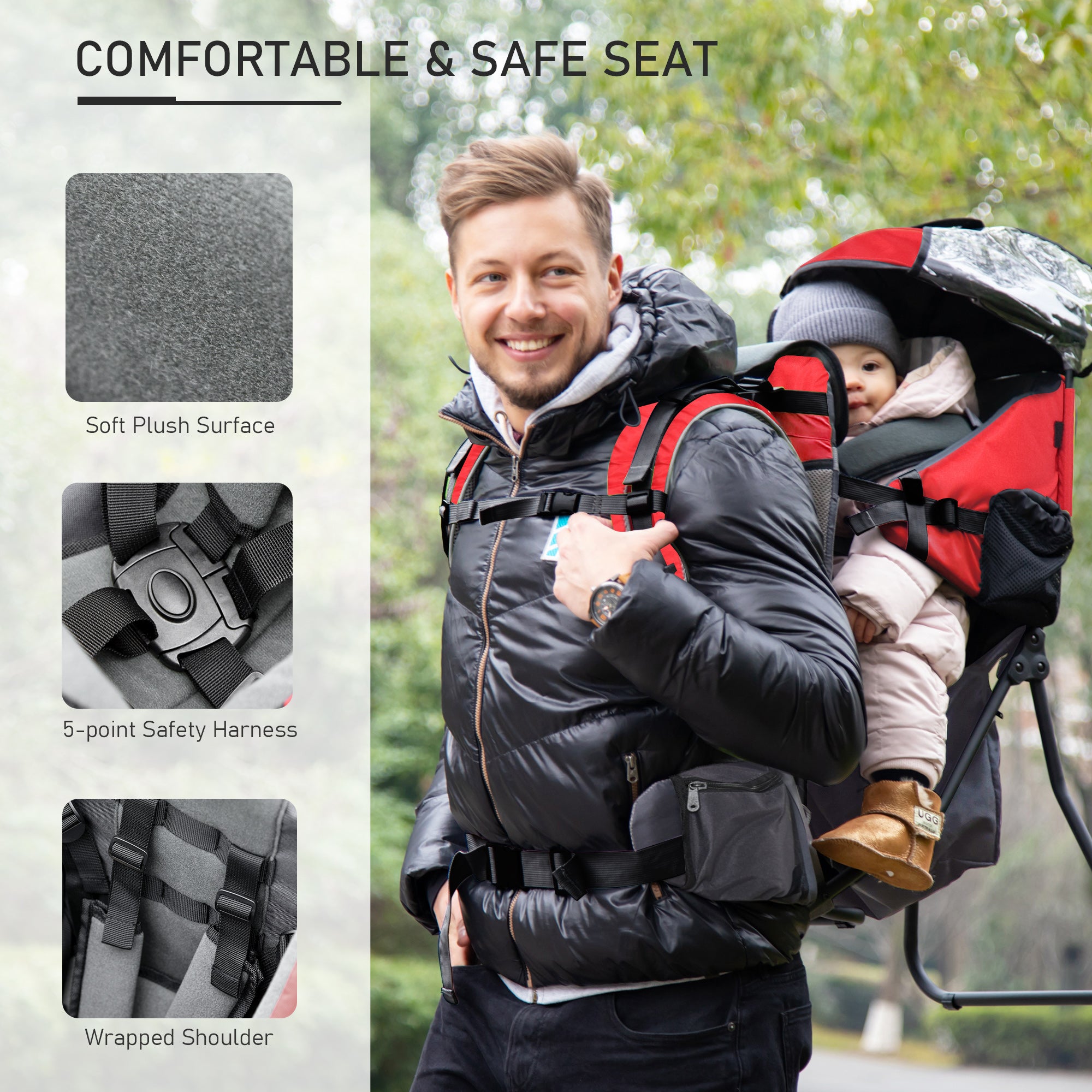 HOMCOM Baby Hiking Backpack Carrier Child Carrier with Ergonomic Hip Seat Detachable Rain Cover Adjustable Straps Stand for Toddler 6 - 36 Months Red - North Peak Garden Furniture