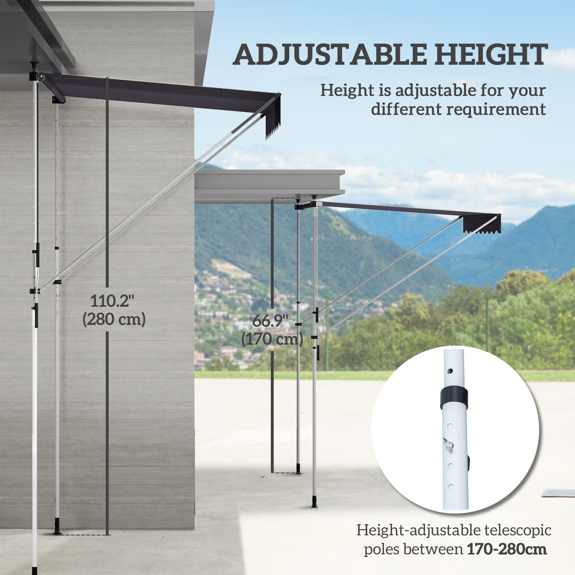 Outsunny Balcony 2 x 1.5m Manual Adjustable Awning DIY Patio Clamp Awning Canopy Retractable Shade Shelter Easy to Move for Balcony, Grey - North Peak Garden Furniture