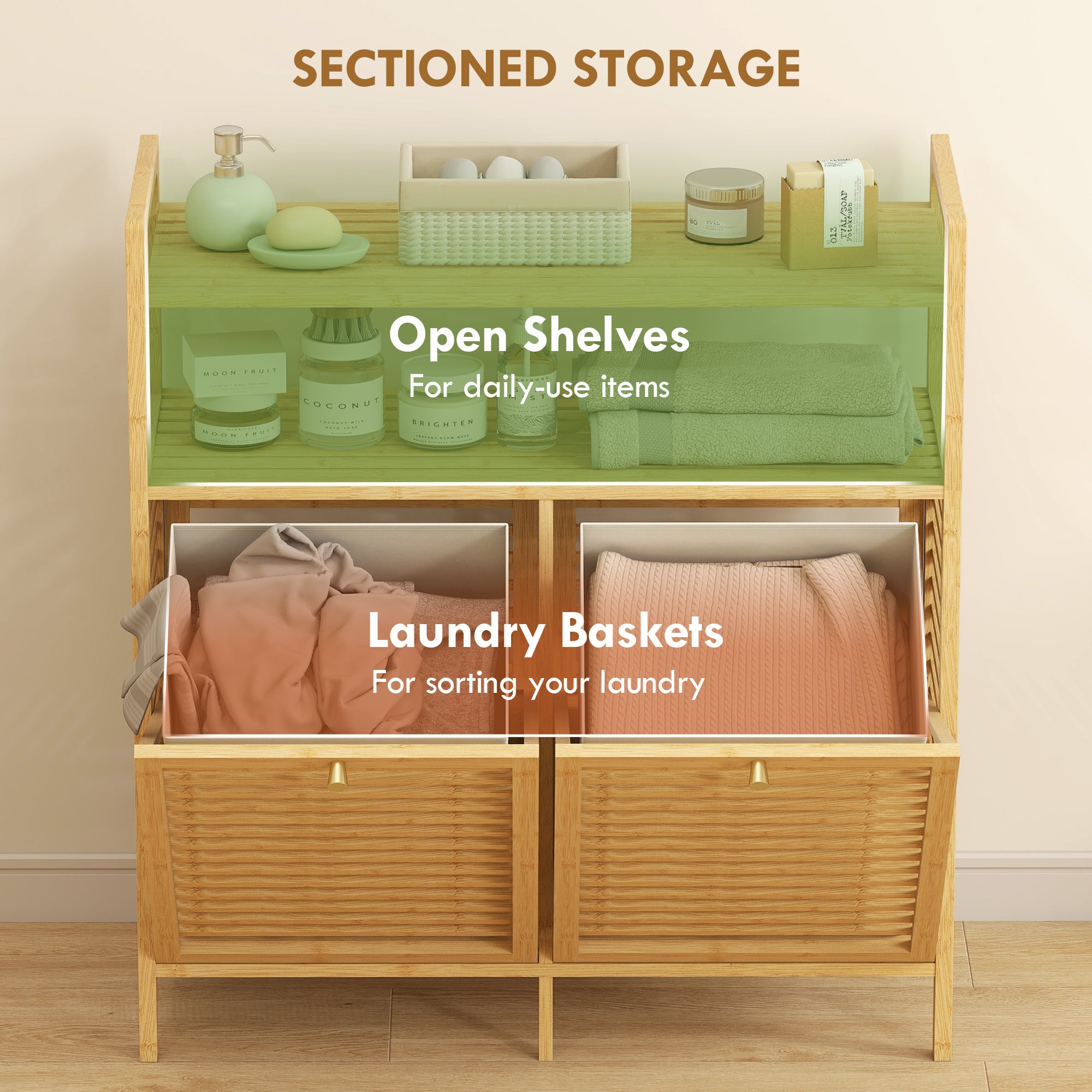 HOMCOM Double Tilt Out Bamboo Laundry Cabinet, Freestanding Bathroom Cabinet with 2 Removable Baskets, Natural