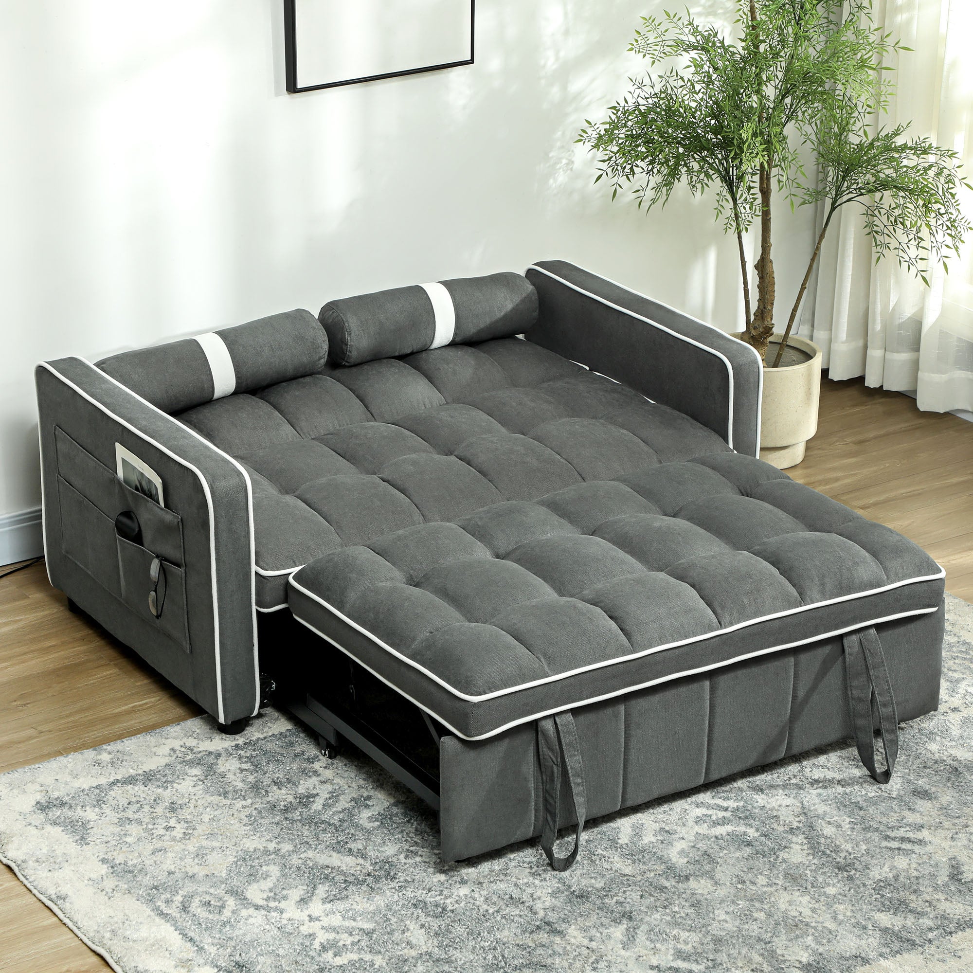 HOMCOM Two-Seater Linen-Look Sofa Bed - Charcoal Grey - North Peak Garden Furniture