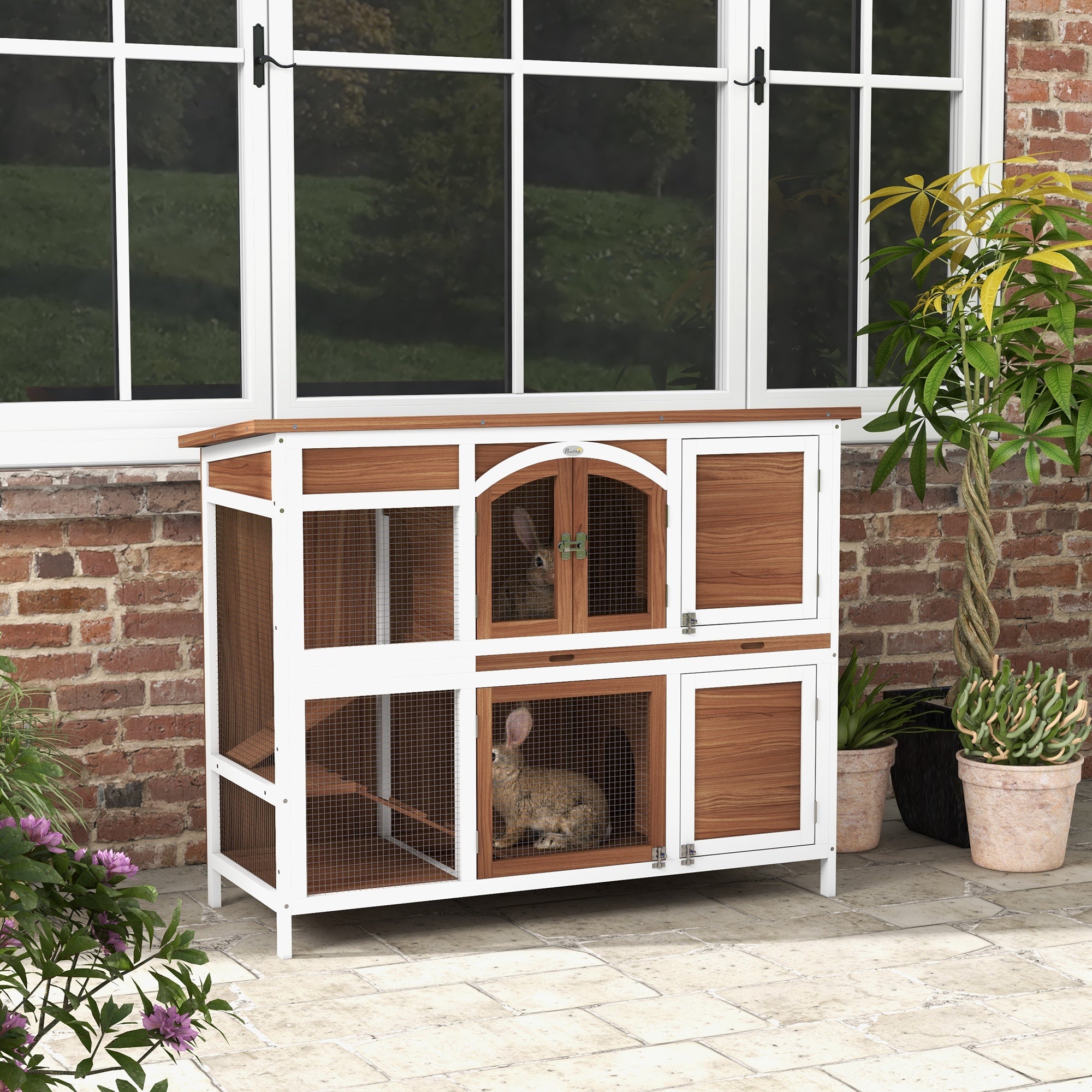 PawHut Two-Tier Wooden Pet Hutch with Openable Roof, Slide-Out Tray | Aosom UK