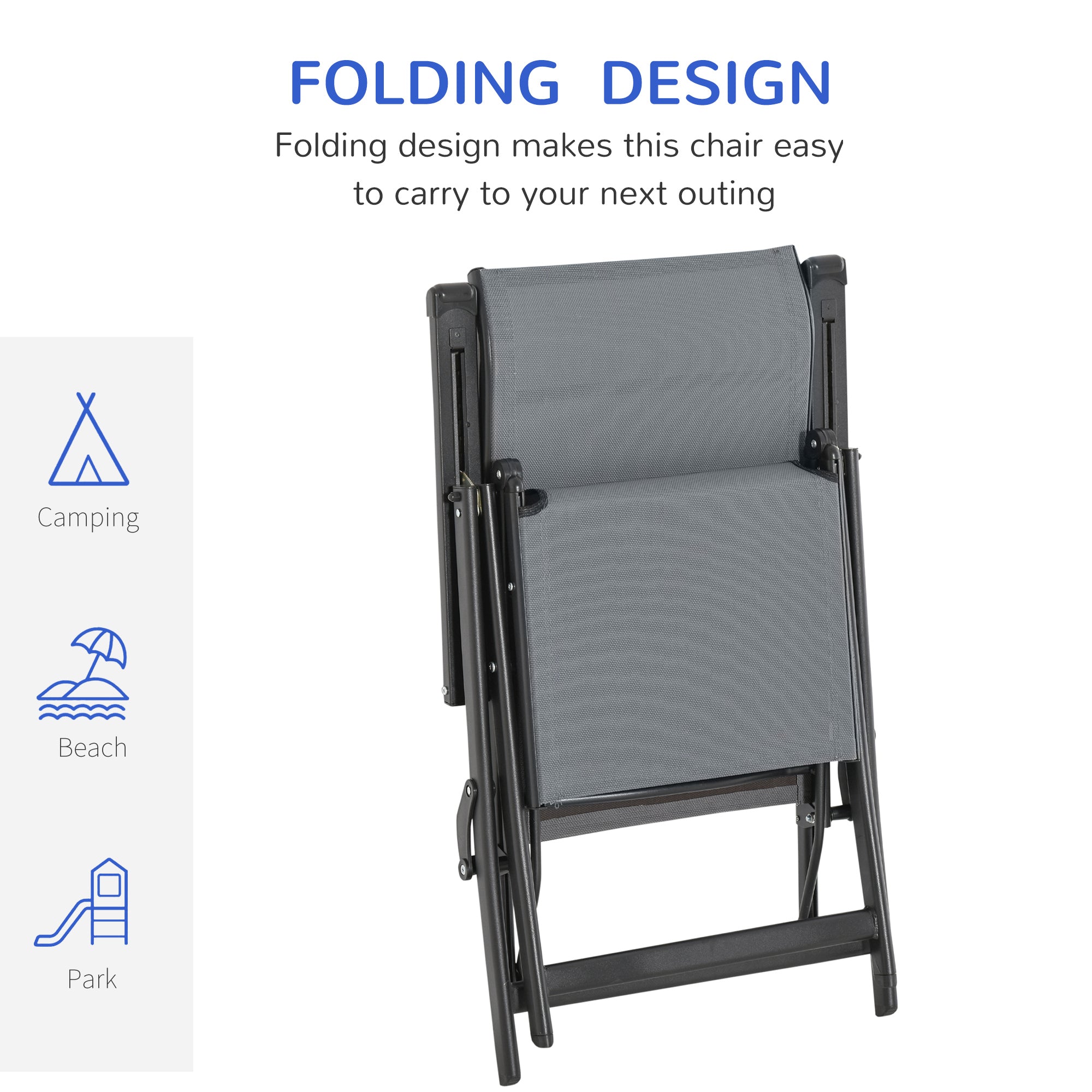 Outsunny Set of 2 Outdoor Sun Lounger 10-Position Adjustable Texteline Folding Reclining Chairs with Footrest for Patio Garden, Grey - North Peak Garden Furniture