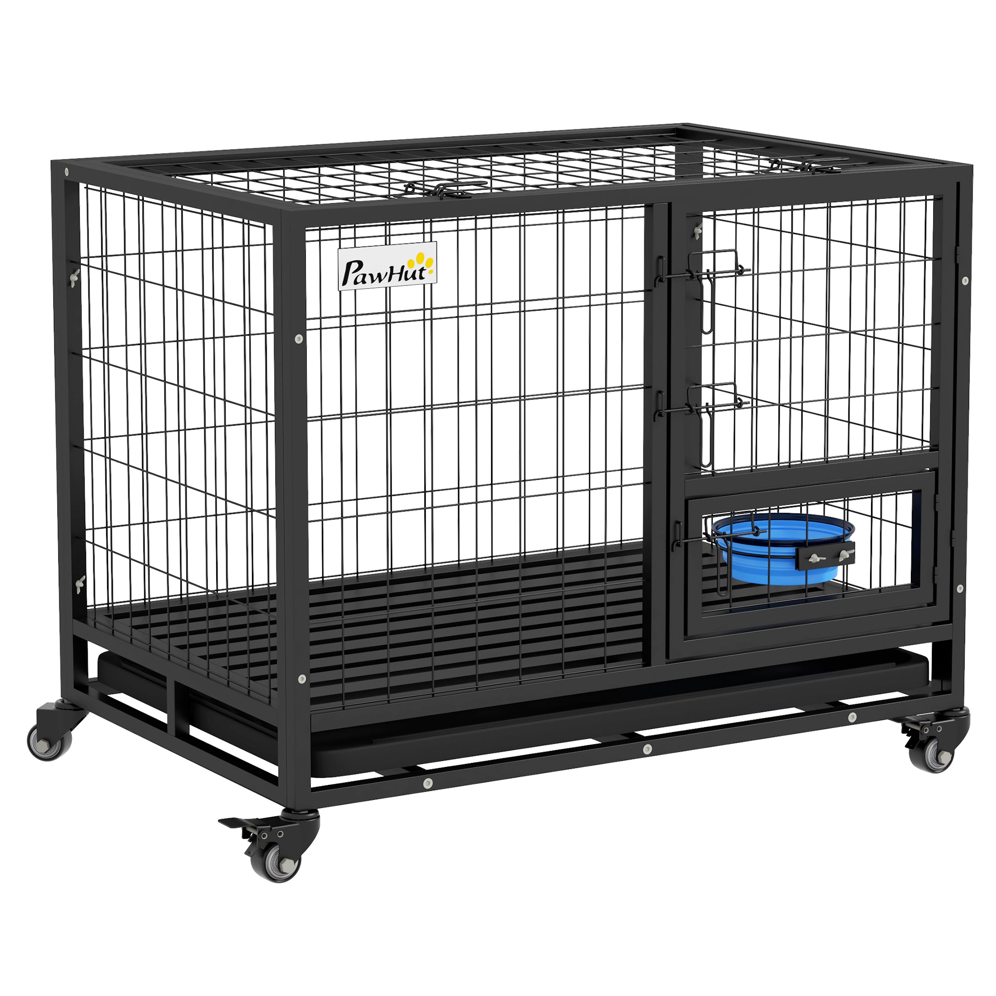 PawHut Heavy Duty Dog Crate on Wheels w/ Bowl Holder, Removable Tray, Openable Top, Detachable Door, for M, L Dogs - North Peak Garden Furniture