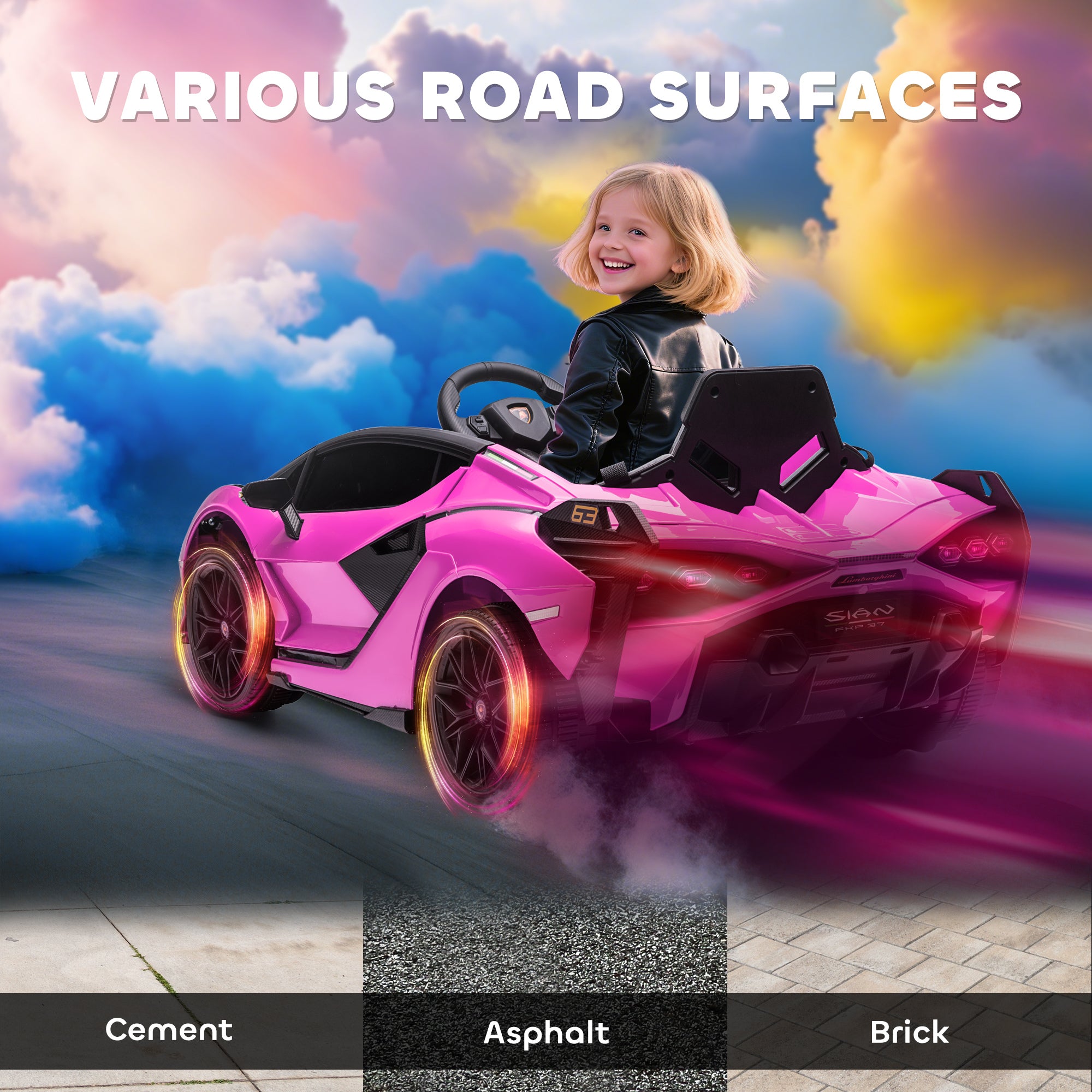 HOMCOM Lamborghini Sian Licensed 12V Kids Electric Ride On Car 2 Motors Toy Car with Remote Control Music Lights MP3 for 3-5 Years Pink