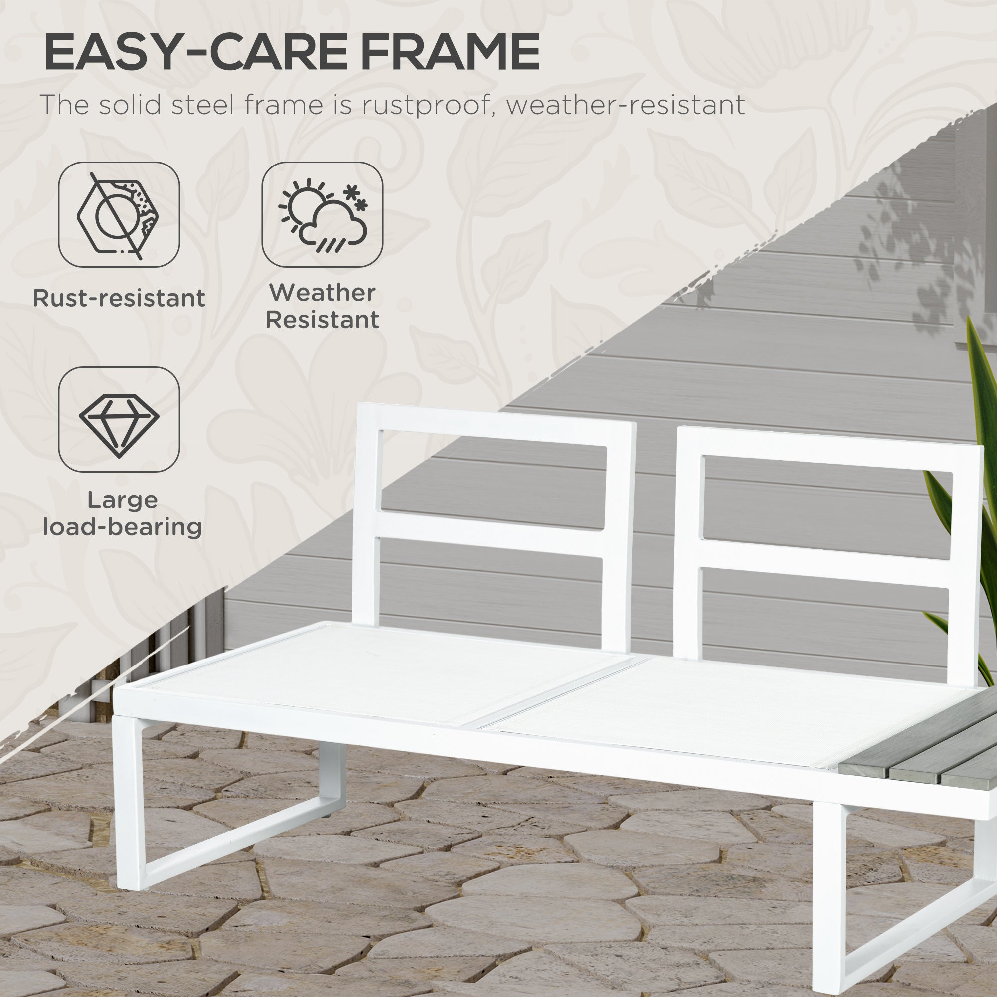 Outsunny 4 Pieces Garden Furniture Set, 5-Level Reclining Garden Corner Sofa Set, Outdoor Lounge Conversation Sectional with Cushions, Wood Effect Plastic Table, White Frame & Grey Cushion