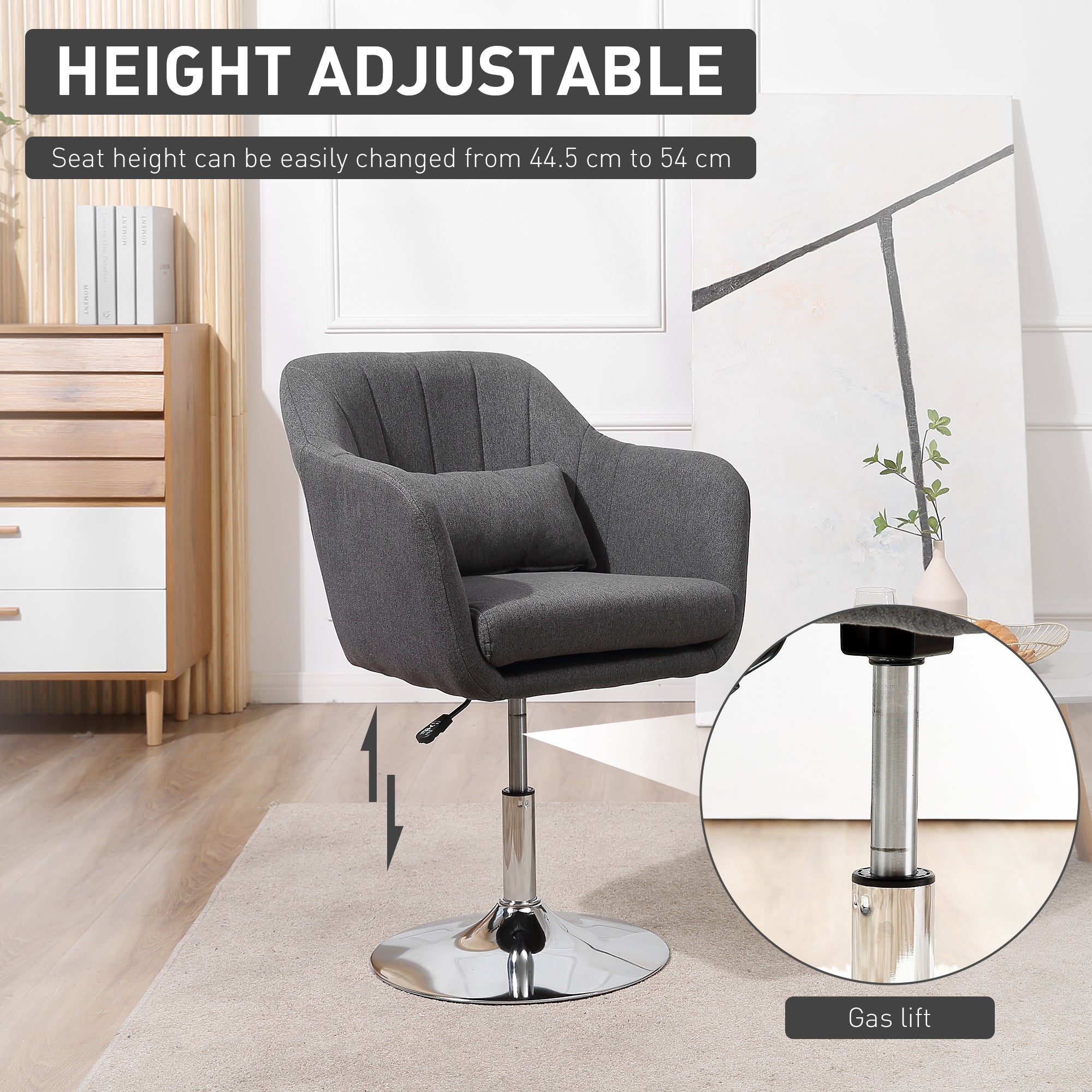 HOMCOM Swivel Linen Fabric Accent Chair for Living Room Contemporary Vanity Armchair with Adjustable Height Thick Cushion Lumbar Support Armrest for Bedroom Office Dark Grey - North Peak Garden Furniture