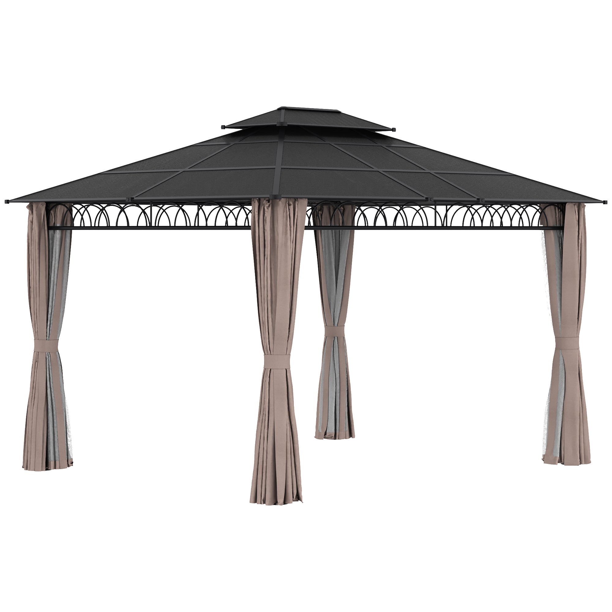 Outsunny 3.6 x 3 (m) Outdoor Polycarbonate Gazebo, Double Roof Hard Top Gazebo with Nettings & Curtains for Garden, Lawn, Patio - North Peak Garden Furniture