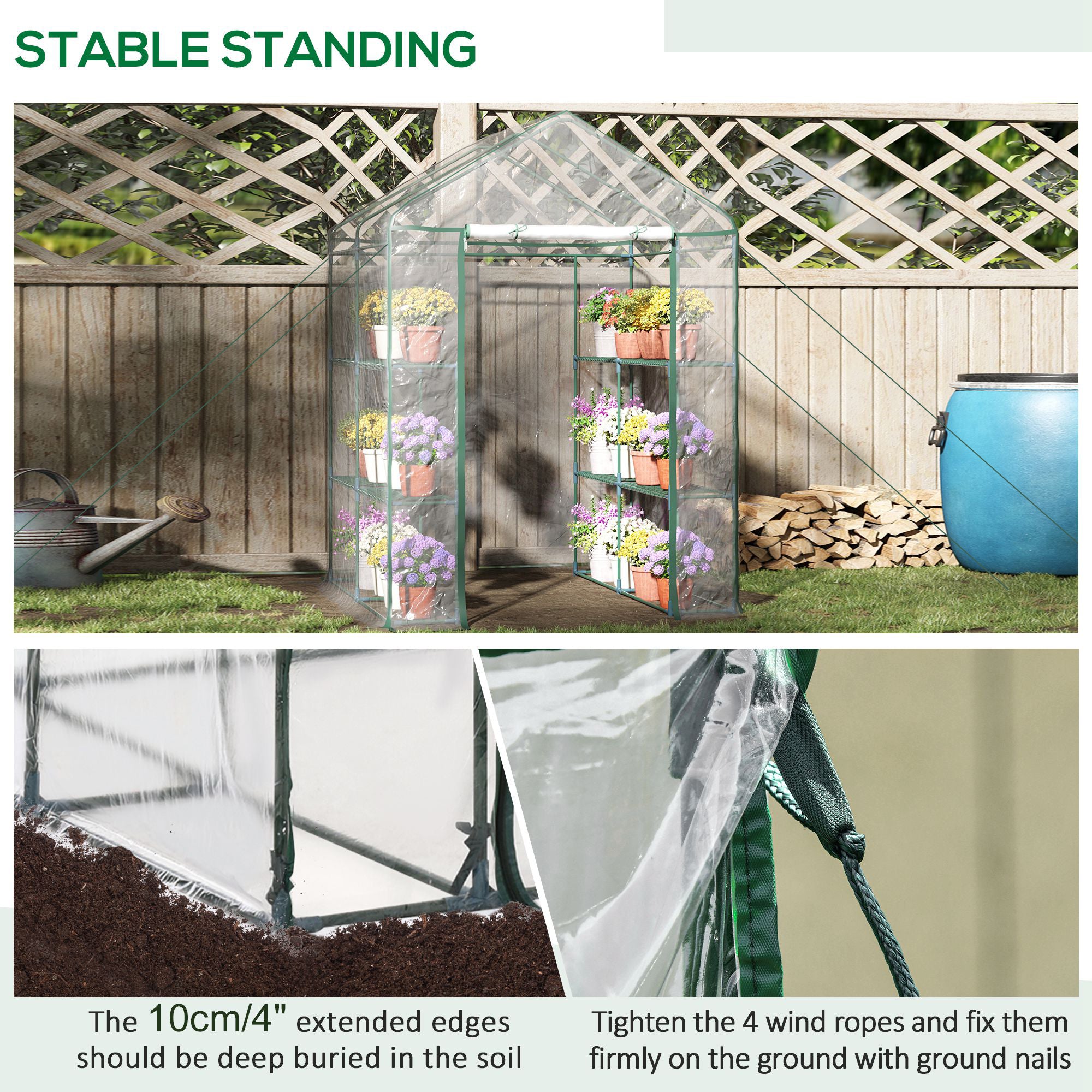 Outsunny Walk in Greenhouse with 3-Tier 8 Shelves, Green House with Hemmed Cover, Roll-up Zipped Door, Steel Frame, 143 x 143 x 195cm - North Peak Garden Furniture