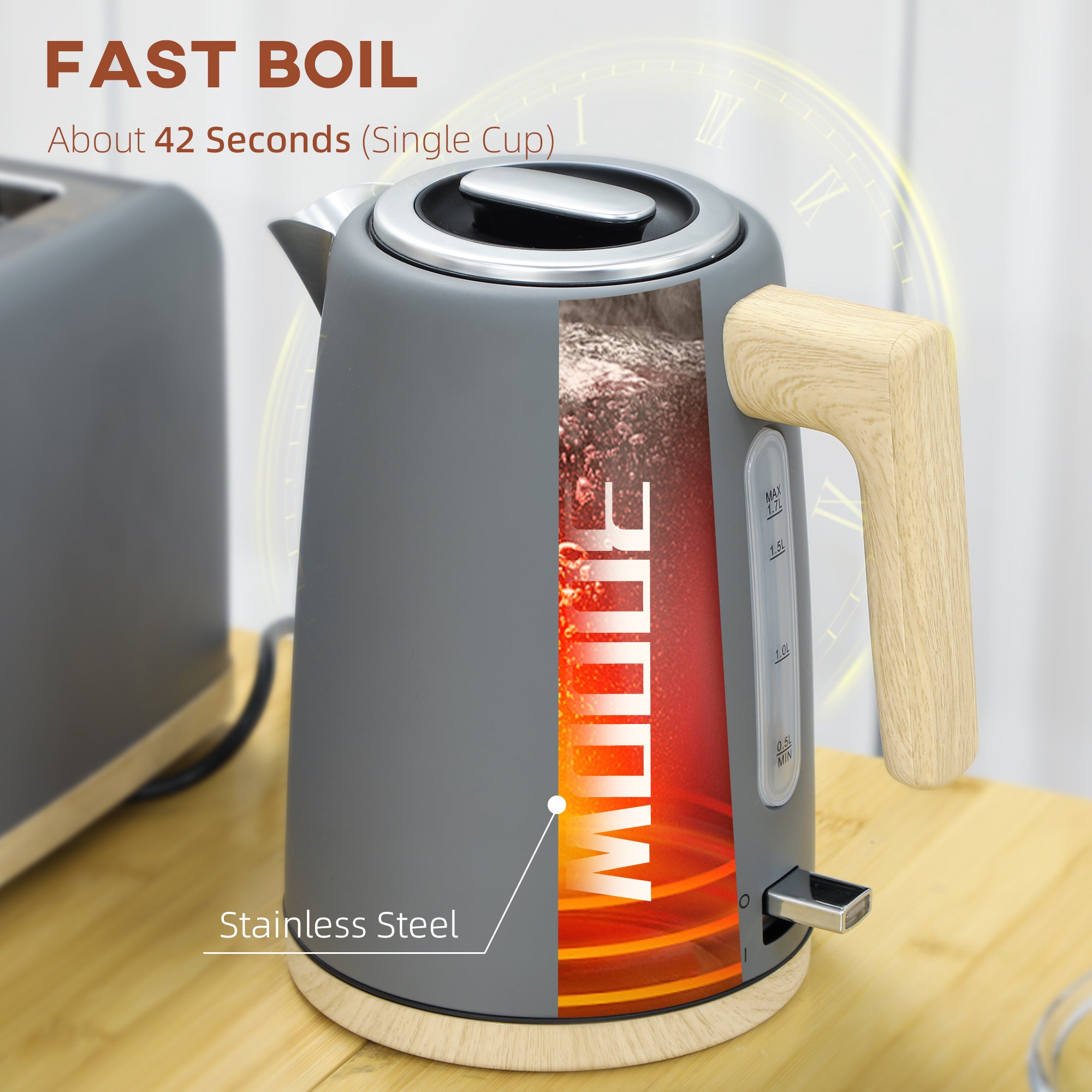 HOMCOM Kettle and Toaster Set, 1.7L 3000W Fast Boil Kettle & 2 Slice Toaster Kitchen Set with 7 Level Browning Controls, Defrost, Reheat, Auto Off, Boil-dry Protection, Grey - North Peak Garden Furniture