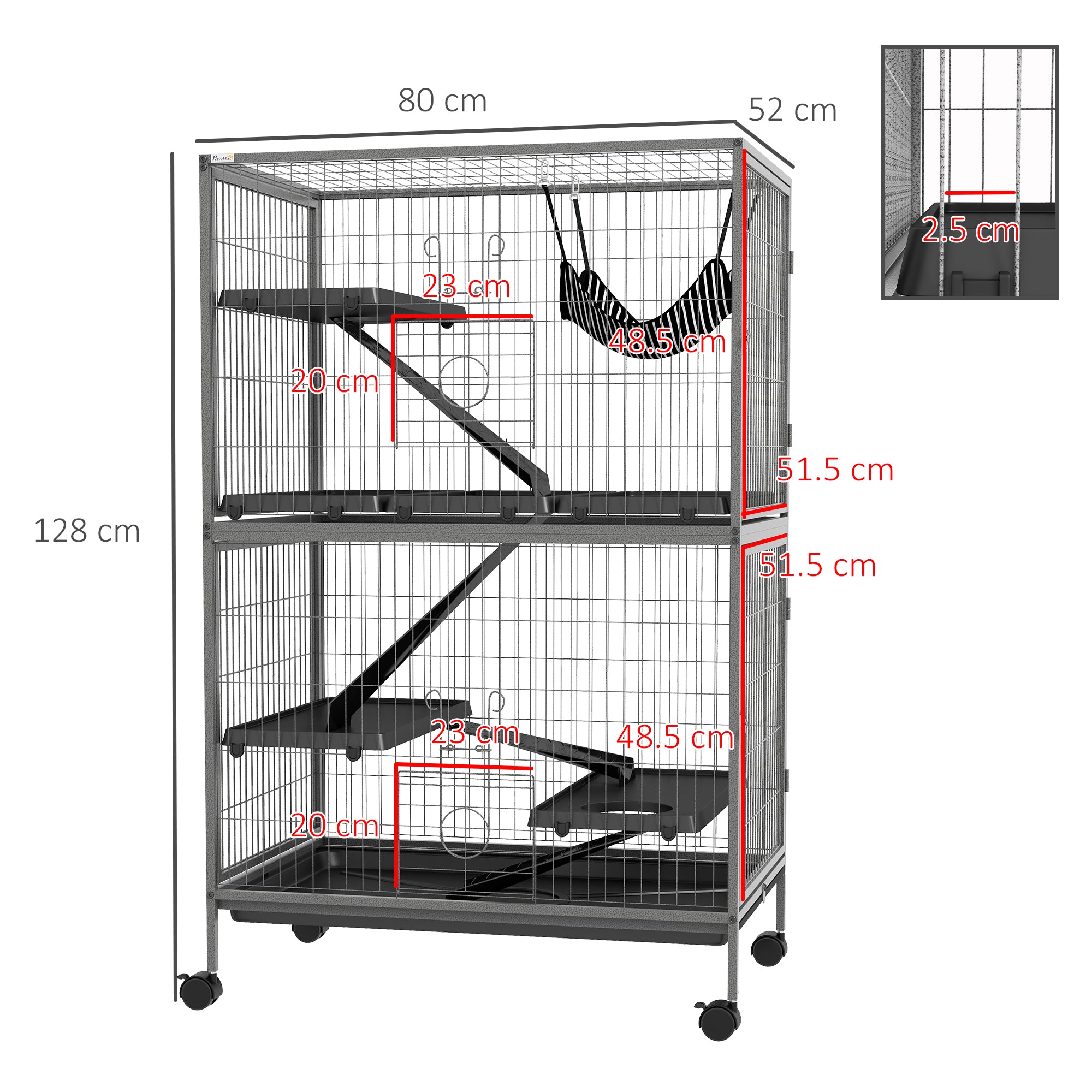 PawHut Small Animal Cage for Chinchilla Ferret Kitten on Wheels with Hammock Removable Tray, Grey - North Peak Garden Furniture