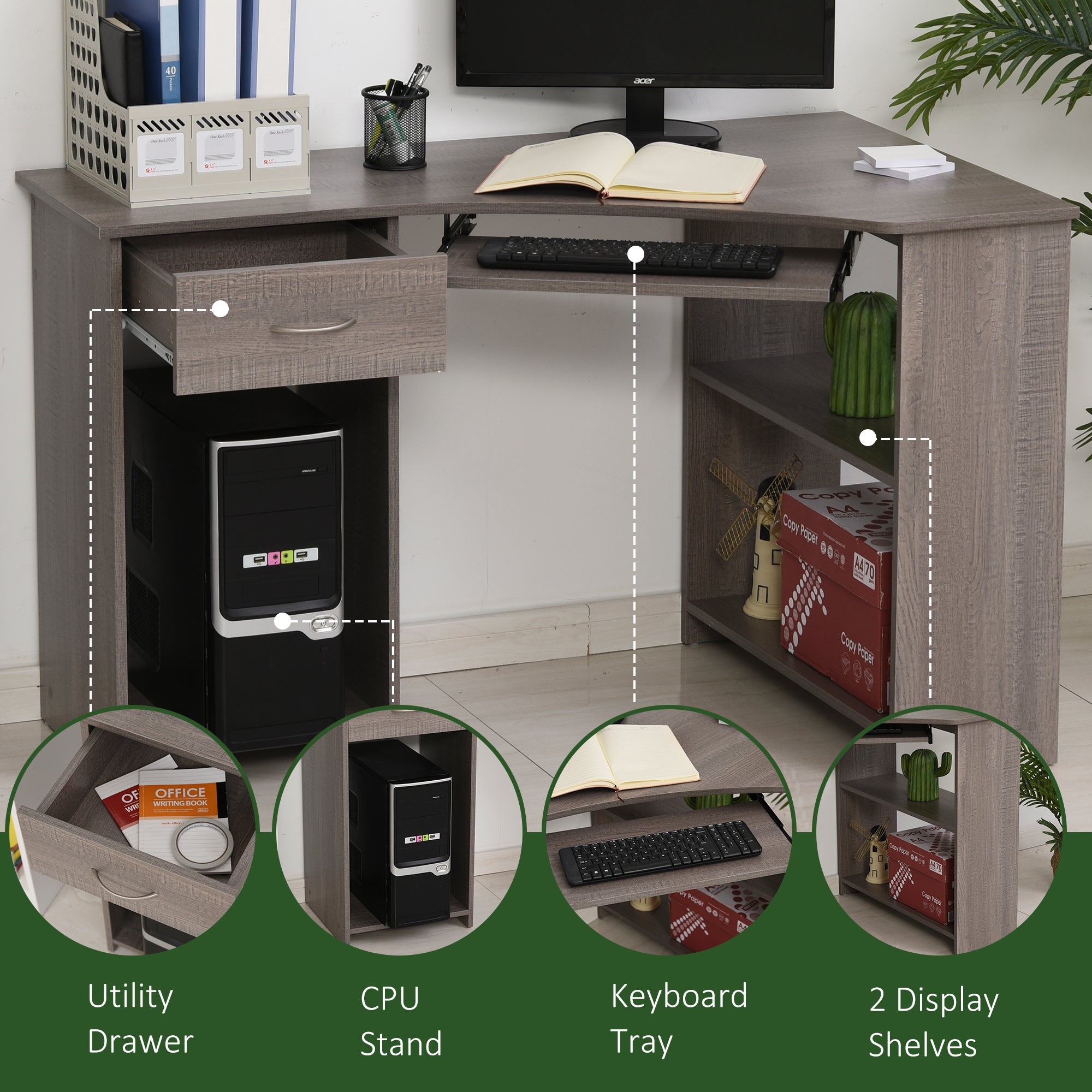 HOMCOM L-Shaped Corner Computer Desk w/ 2 Shelves Wide Worktop Keyboard Tray Drawer & CPU Stand Home Office Study Bedroom Furniture Grey - North Peak Garden Furniture