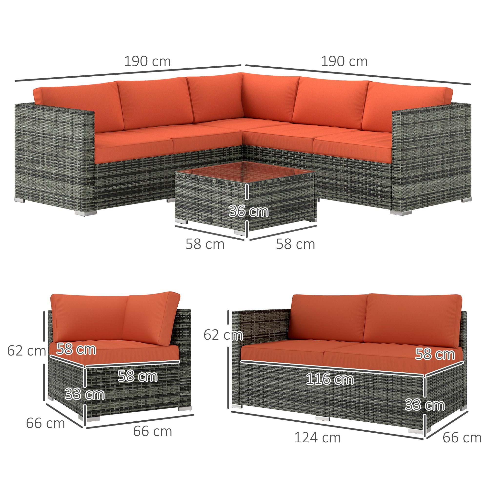 Outsunny 4 Pieces Rattan Garden Furniture Set, Wicker Outdoor Furniture Set with Corner Sofa Loveseat Coffee Table Cushions, Conservatory Furniture Set for Patio Balcony Poolside, Orange