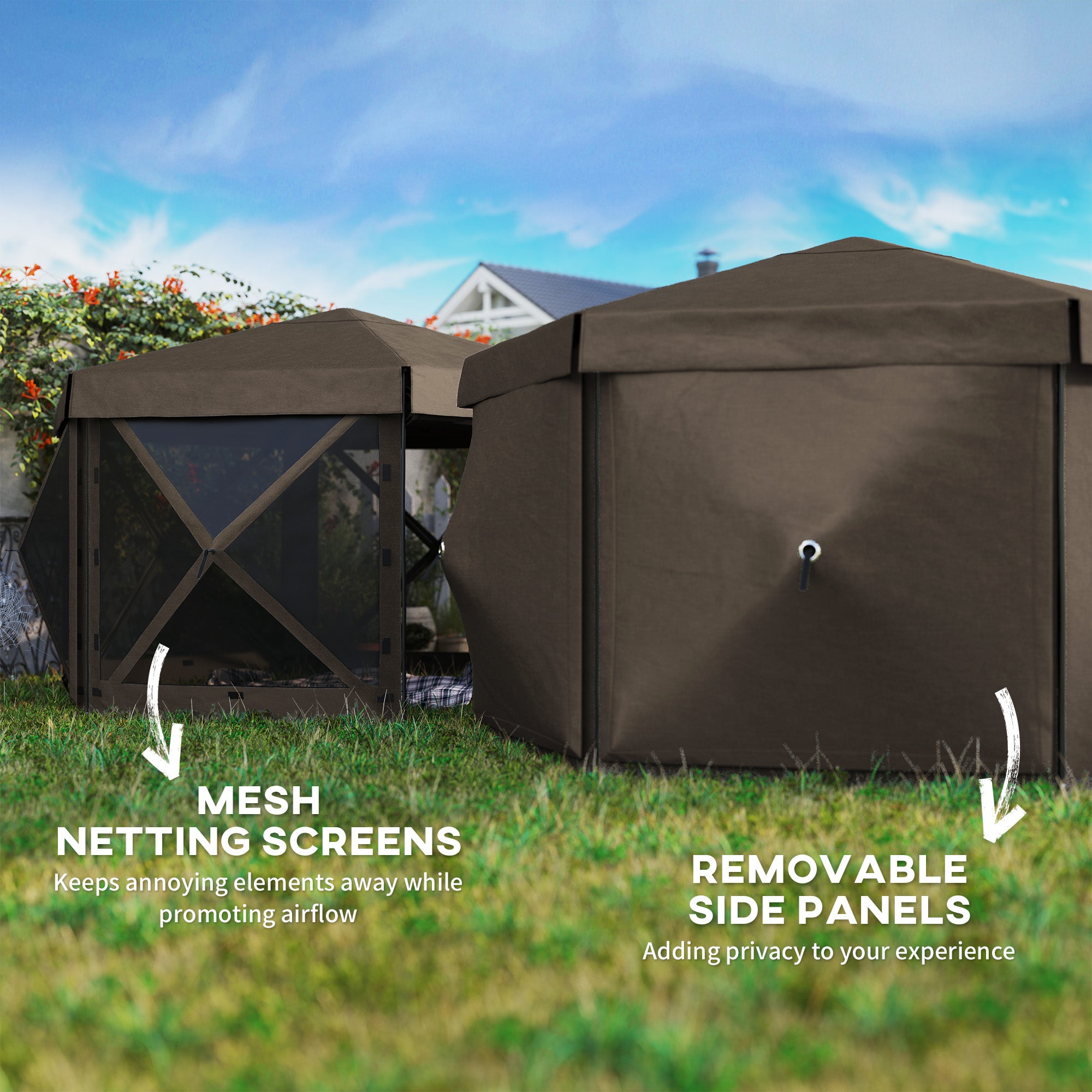 Outsunny 3 x 3(m) Hexagon Pop Up Gazebo with 5 Sides and Carry Bag, Waterproof, UV Resistant Party Tent Instant Event Shelter with Netting for Garden, Patio, Brown - North Peak Garden Furniture