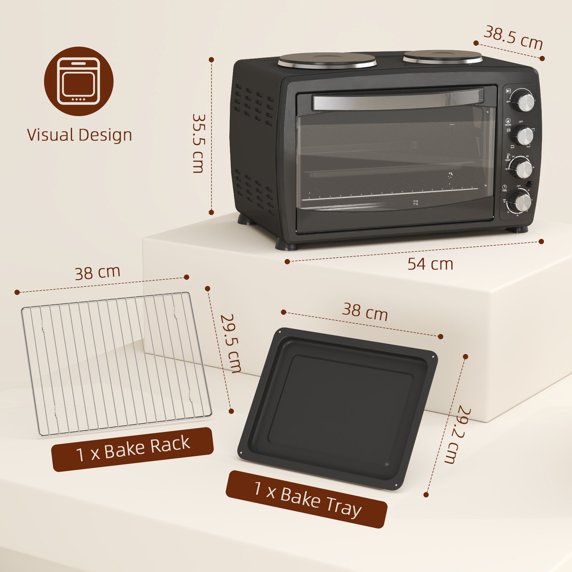 HOMCOM 36L Small Oven with 2 Hot Plates, Countertop Toaster Oven, Grill, Roast, Bake, Boil, with Timer, Adjustable Temperature, Electric Oven with Baking Tray, Grill Rack, Crumb Tray, 2600W, Black - North Peak Garden Furniture