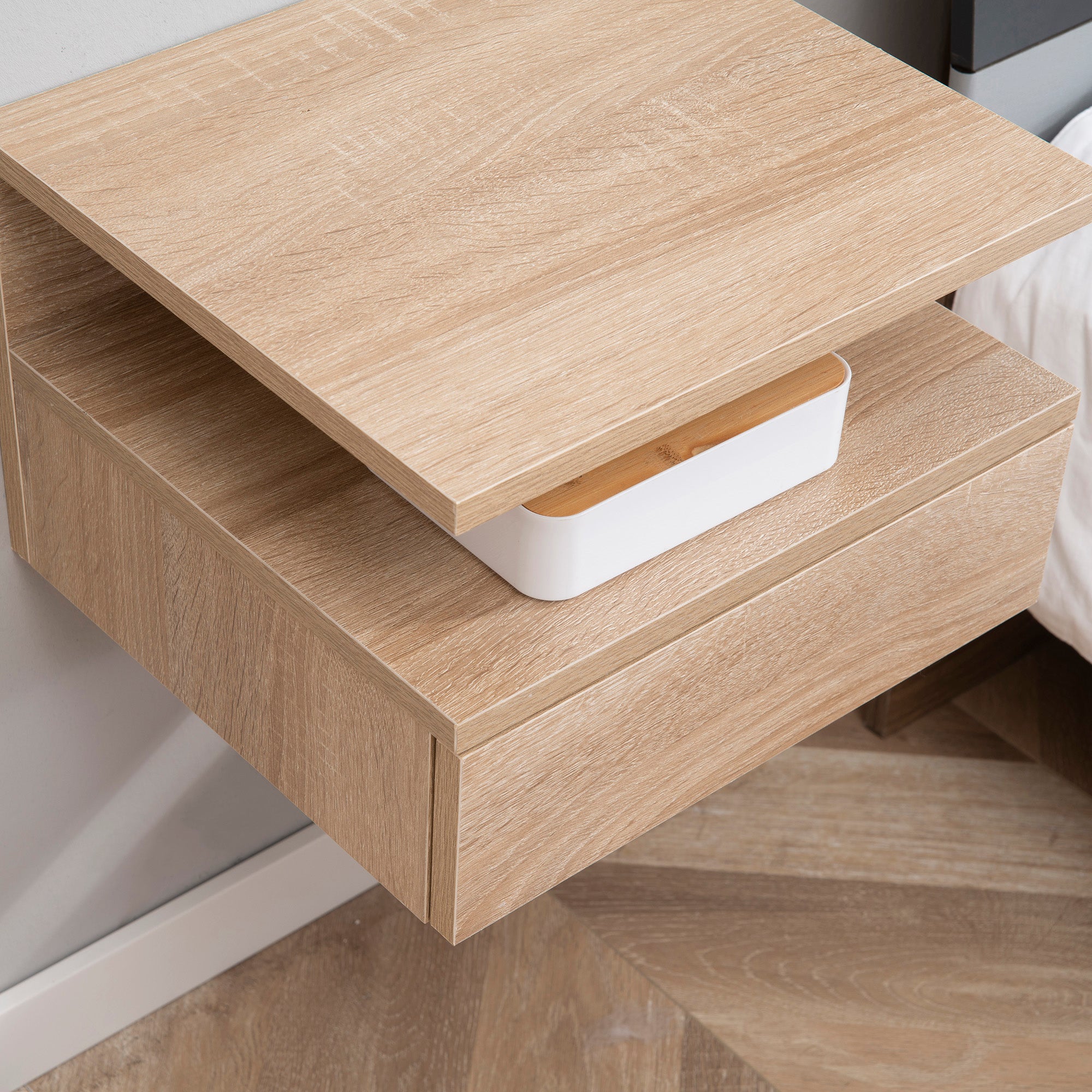 HOMCOM Set of Two Floating Bedside Tables - Oak Tone - North Peak Garden Furniture