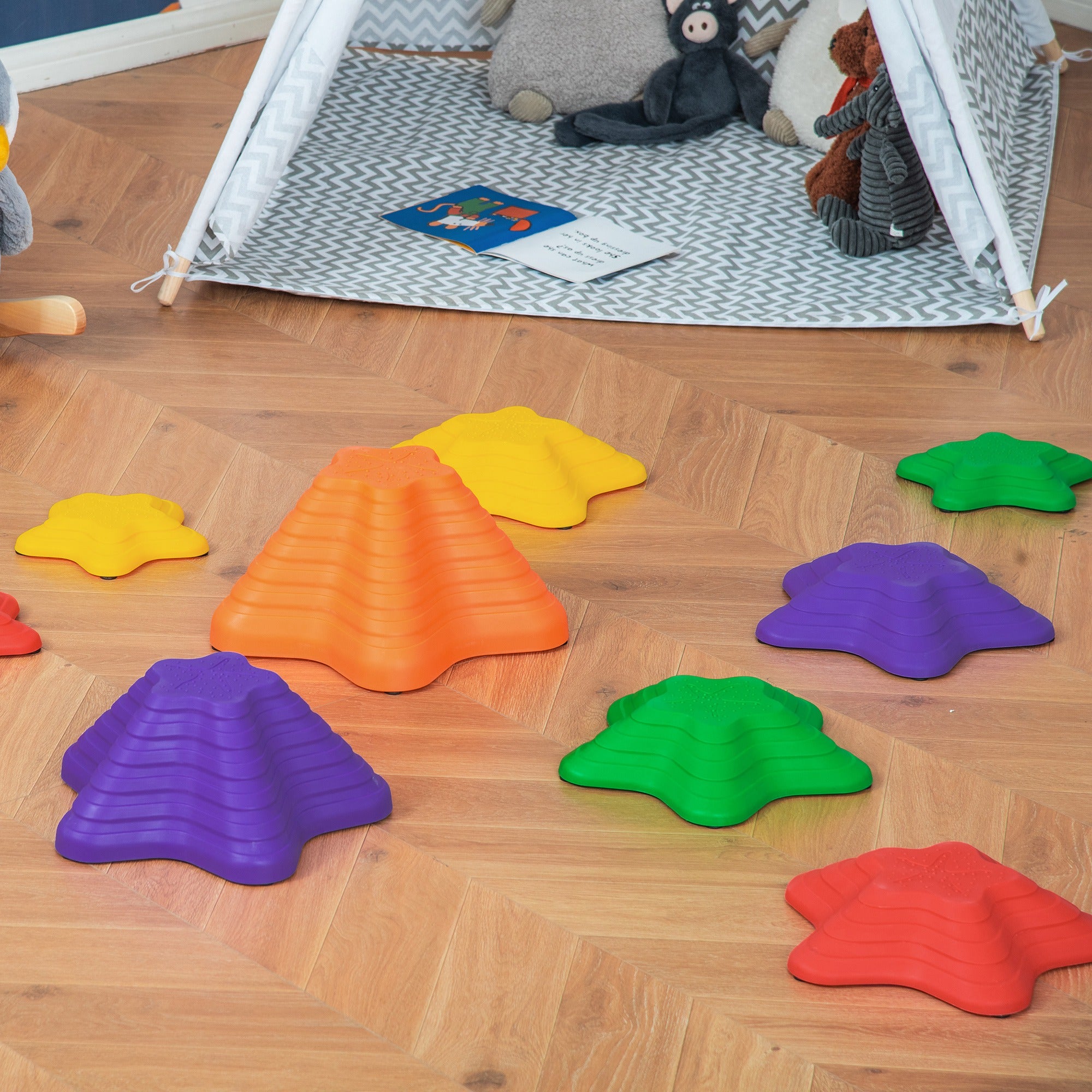 Outsunny 11-Piece Balance Stepping Stones for Kids Starfish Style Non-slip Obstacle Course Stackable Balance Blocks Garden Toys Encourage Toddler Balance Indoor Outdoor - Multicoloured - North Peak Garden Furniture
