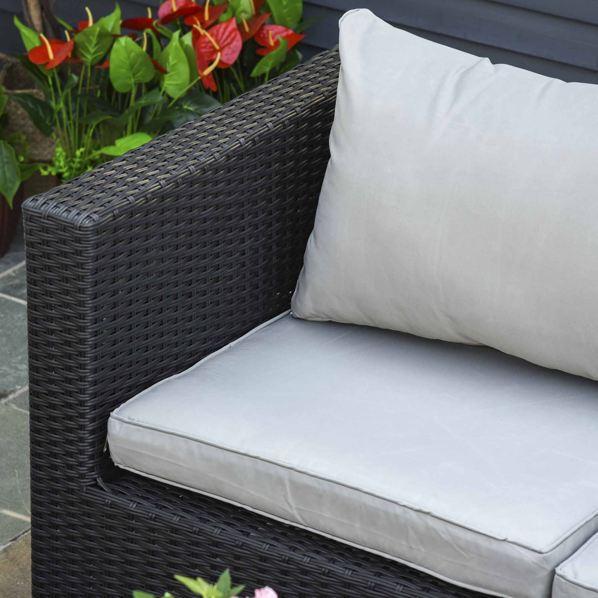 Outsunny 8 Pieces PE Rattan Sofa Set with Cushions, Garden Corner Sofa with 4 Seater Sofa, 2 Footstools and 2 Coffee Table Set, Space-saving Design, No Assembly Required, Black - North Peak Garden Furniture