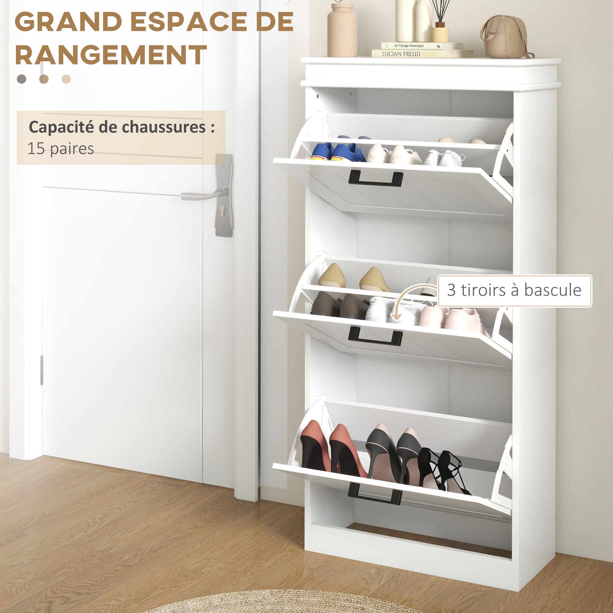 HOMCOM Three-Drawer Minimalistic Shoe Storage Cabinet, for 15 Shoes - North Peak Garden Furniture