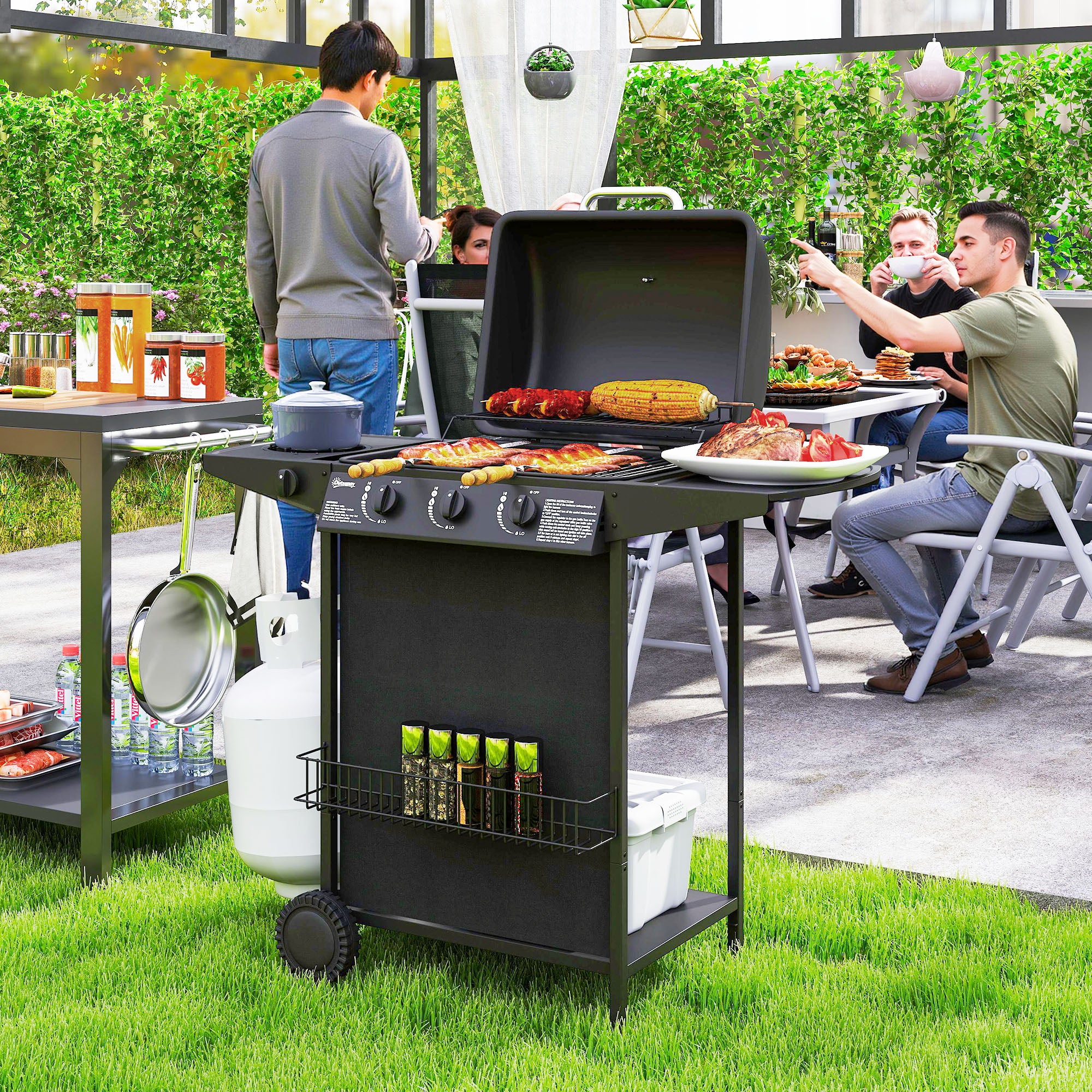 Outsunny 3+1 Burner Gas BBQ Grill, Portable Gas Barbecue Grill with Built-in Thermometer, Lid, Side Table, Shelf, Spice Rack, Wheels, Grease Cup for Garden Party Outdoor Cooking, Black - North Peak Garden Furniture