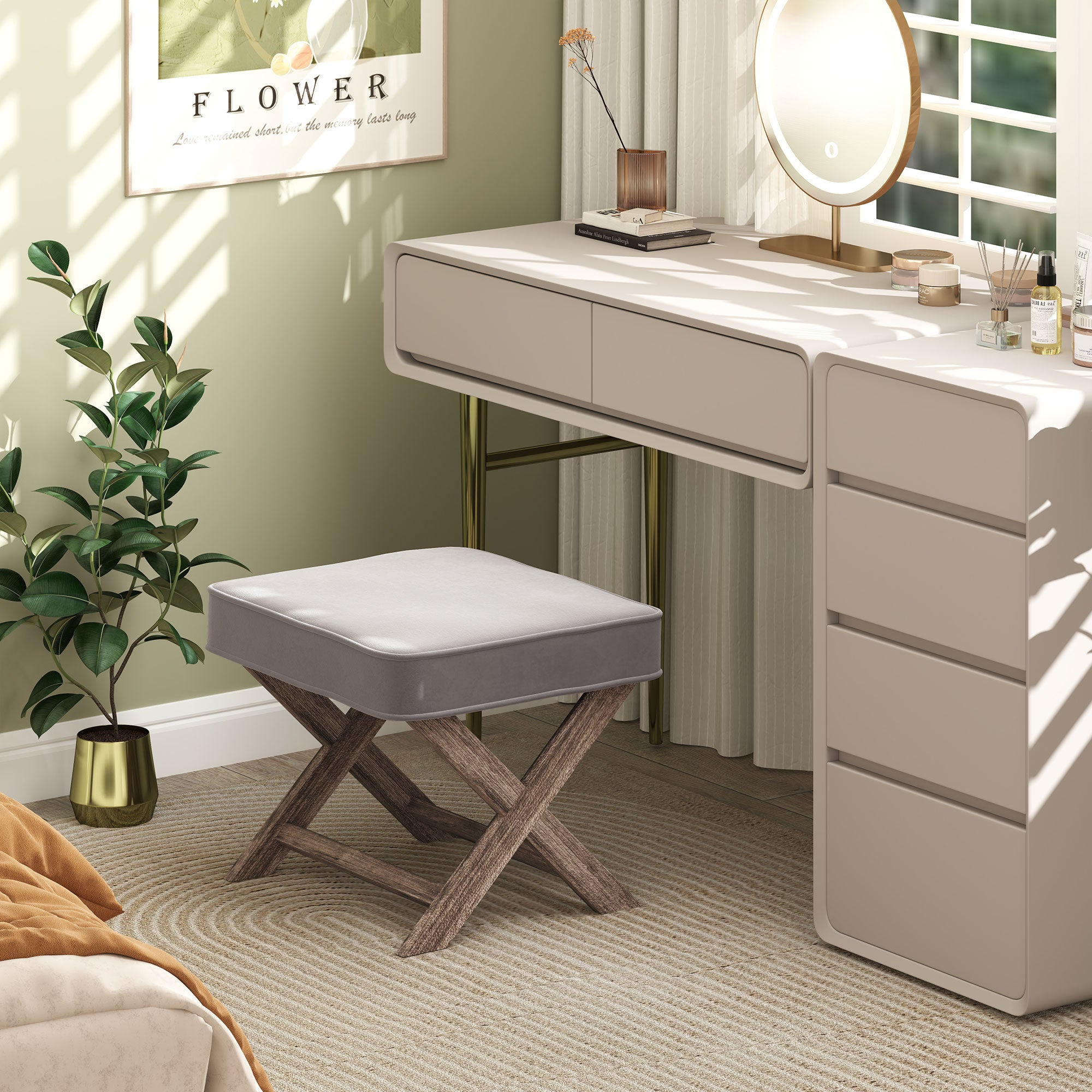 HOMCOM Vintage Footstool Padded Seat X Leg Chair Velvet Cover Shabby Chic Footrest Solid Rubber Wood Frame 49.5 x 45 x 41 cm Grey - North Peak Garden Furniture
