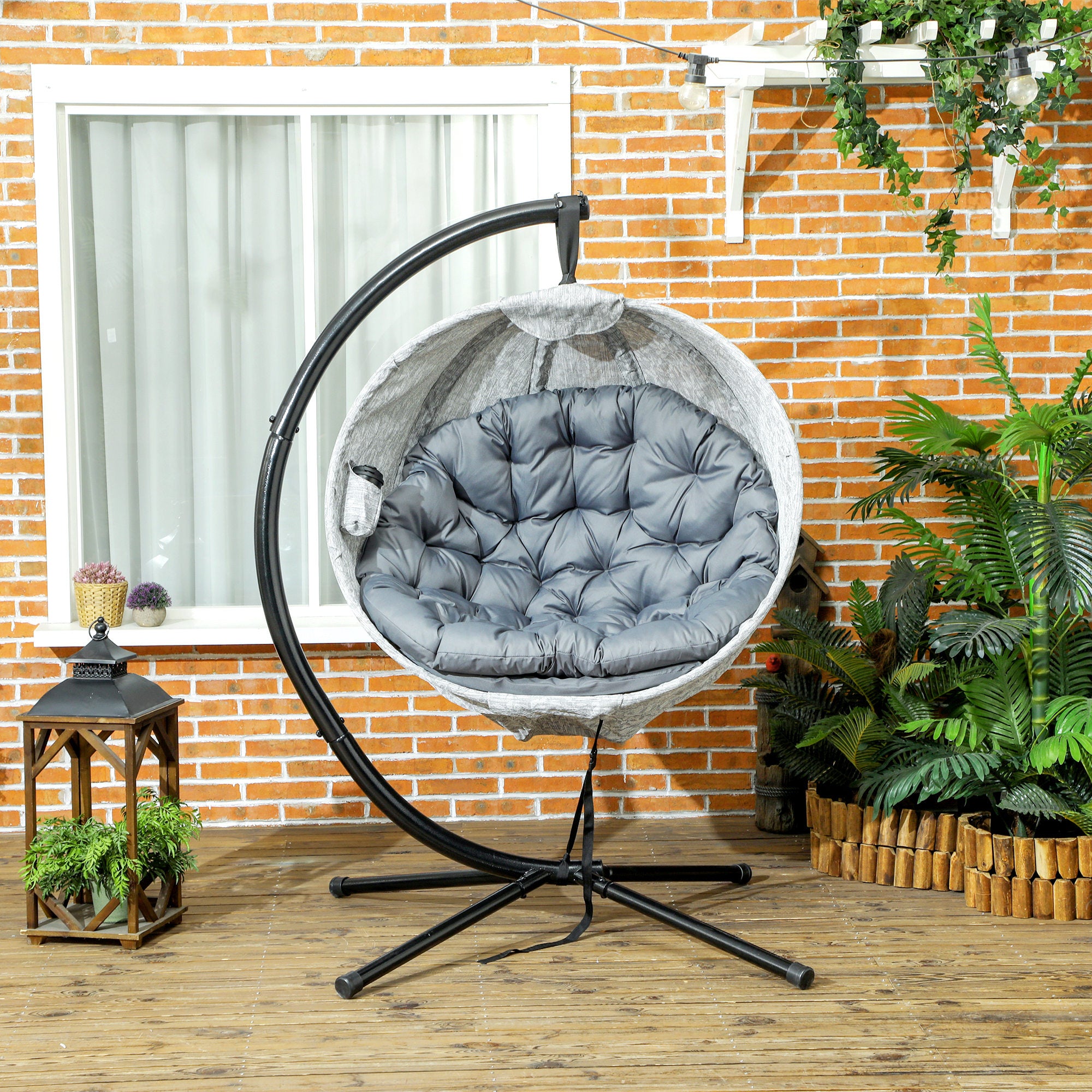 Outsunny Hanging Egg Chair Outdoor Indoor Garden Swing Chair with Folding Basket, Garden Hanging Chair with Stand, Thickened Cushion, Cup Holder for Patio, Balcony, Grey