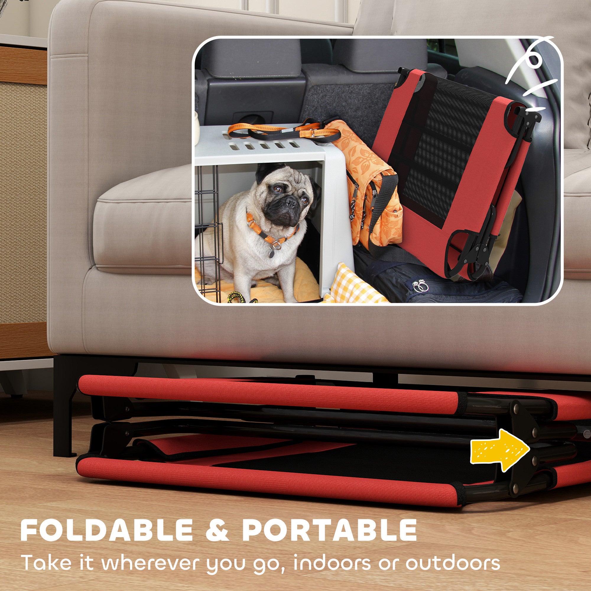 PawHut Portable Raised Dog Bed, Elevated Pet Cot with Breathable Mesh for Indoor Outdoor, for Large Dogs, Red - North Peak Garden Furniture