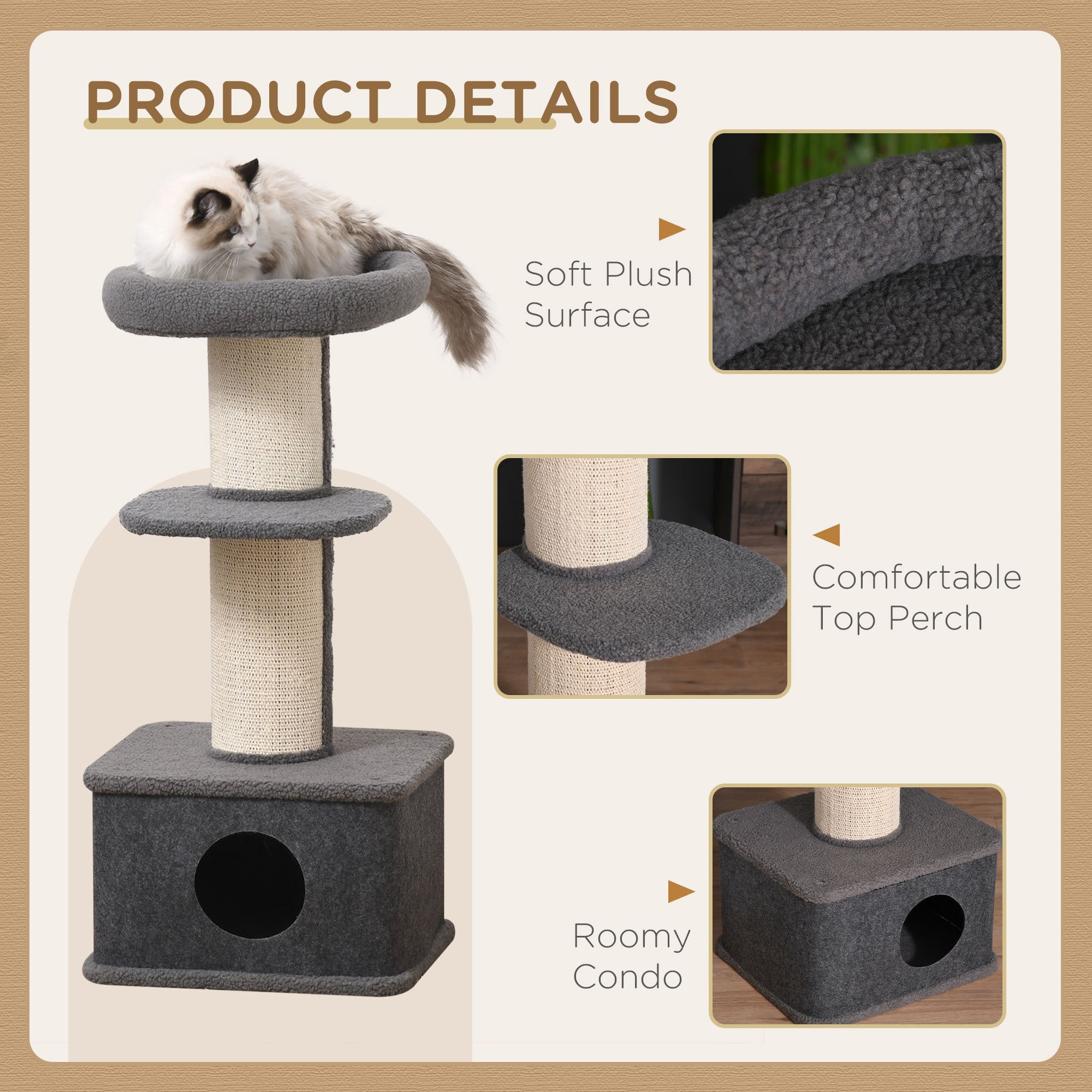 PawHut Multi-level Kitten Tower, Cat Tree Activity Centre with Sisal Scratching Posts, Condo, Plush Perches, Grey