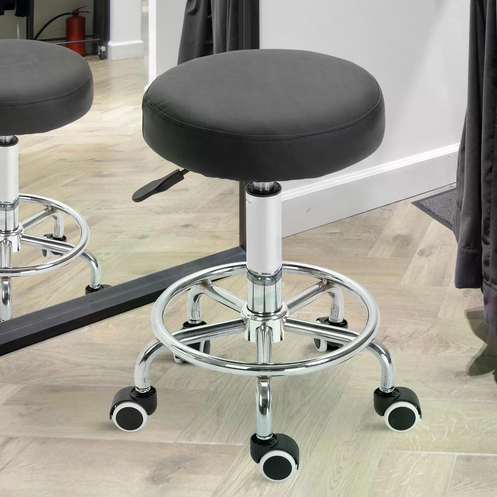 Vinsetto Round Rolling Stool, PU Leather Height Adjustable Stool Chair with Wheels and Swivel Seat for Salon, Massage, Spa, Home Kitchen, Black