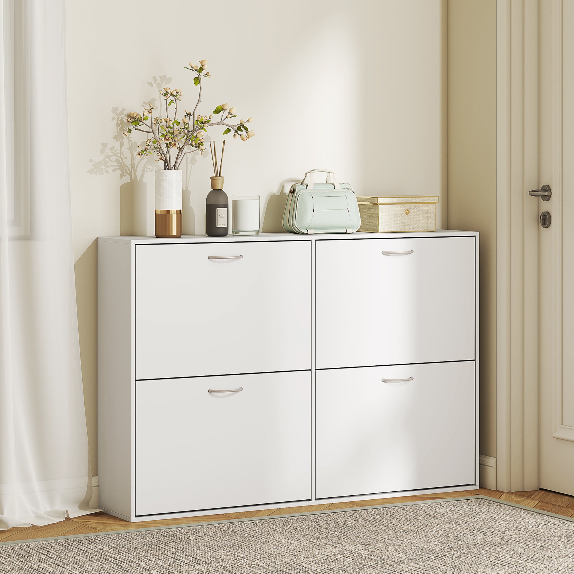 HOMCOM Wooden Modern Design 4 Drawer Shoes Cabinet Pull Down Shelf Storage Organiser - White