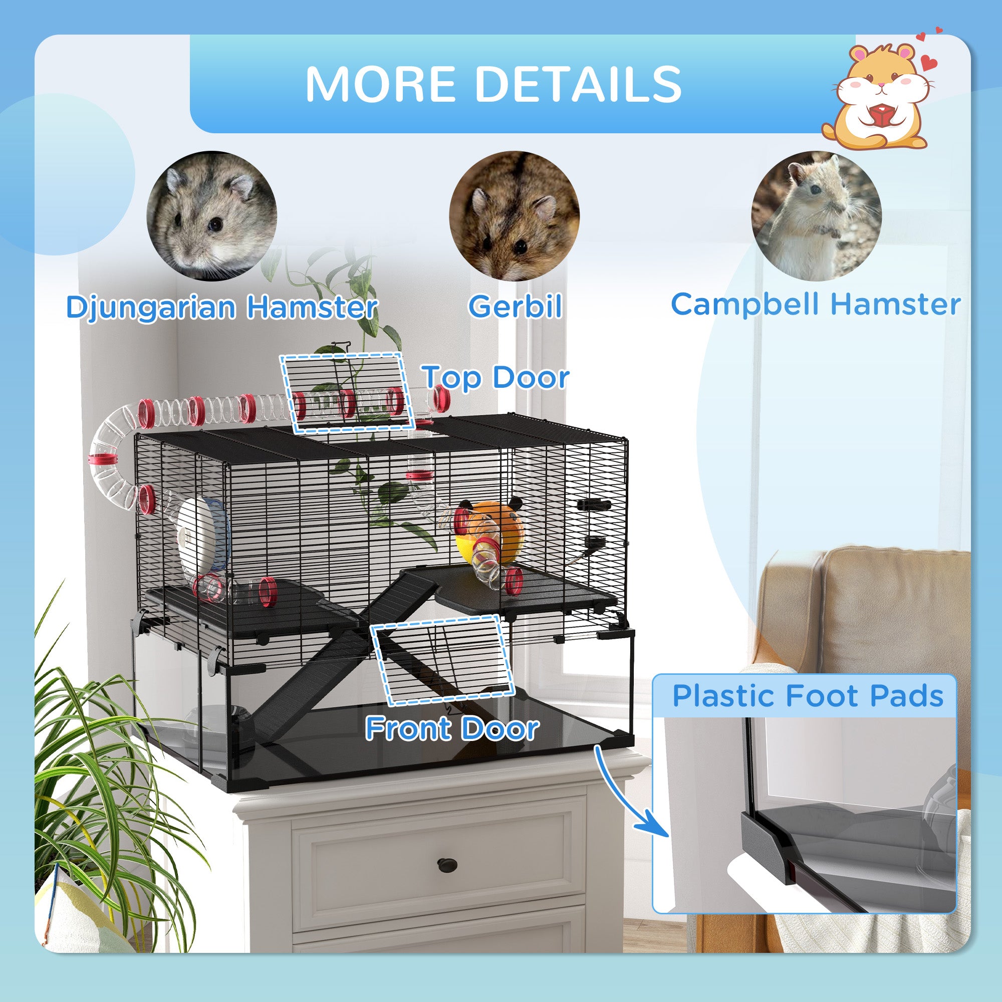 PawHut Gerbil Cage, Dwarf Hamster Cage, with Deep Glass Bottom, Tunnels, Ramps, Hut, Exercise Wheel, 78.5 x 48.5 x 57cm - North Peak Garden Furniture