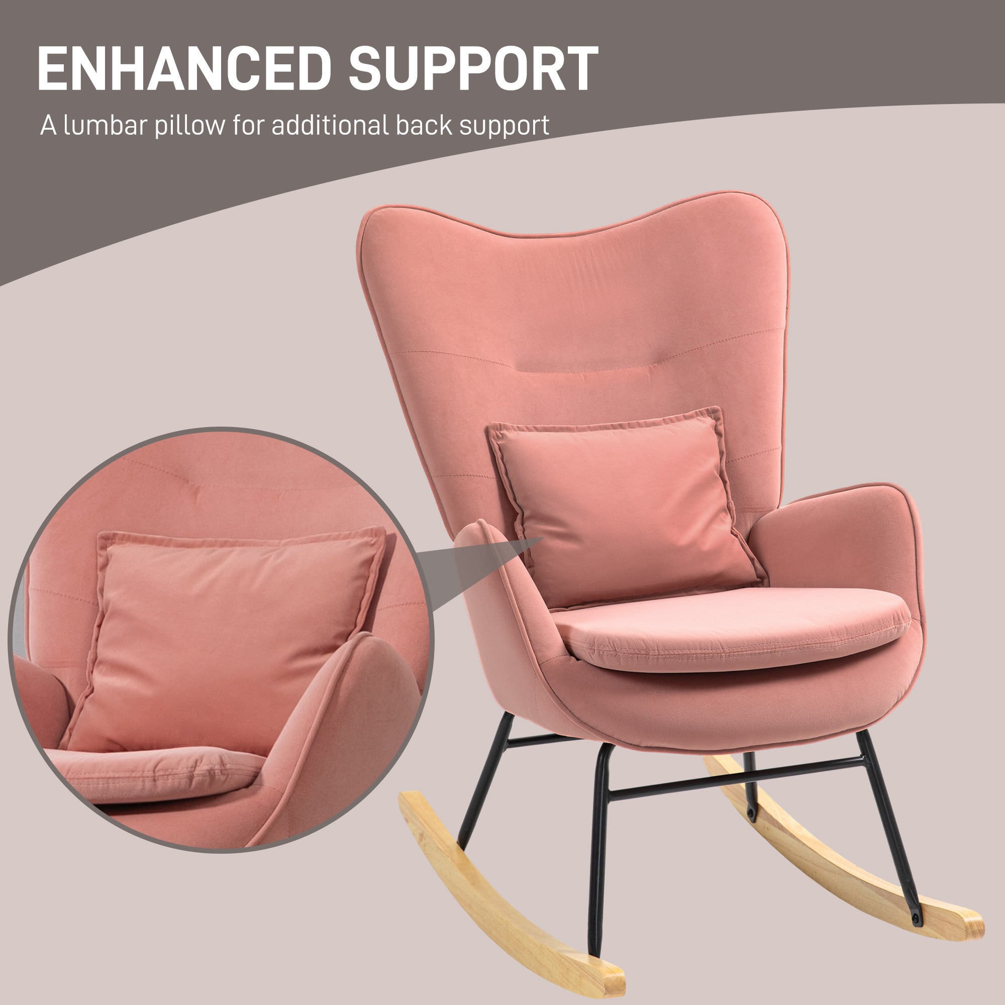 HOMCOM Velvet Rocking Chair Armchair with Lumbar Pillow, Metal Legs and Wood Base for Living Room, Bedroom, Pink - North Peak Garden Furniture