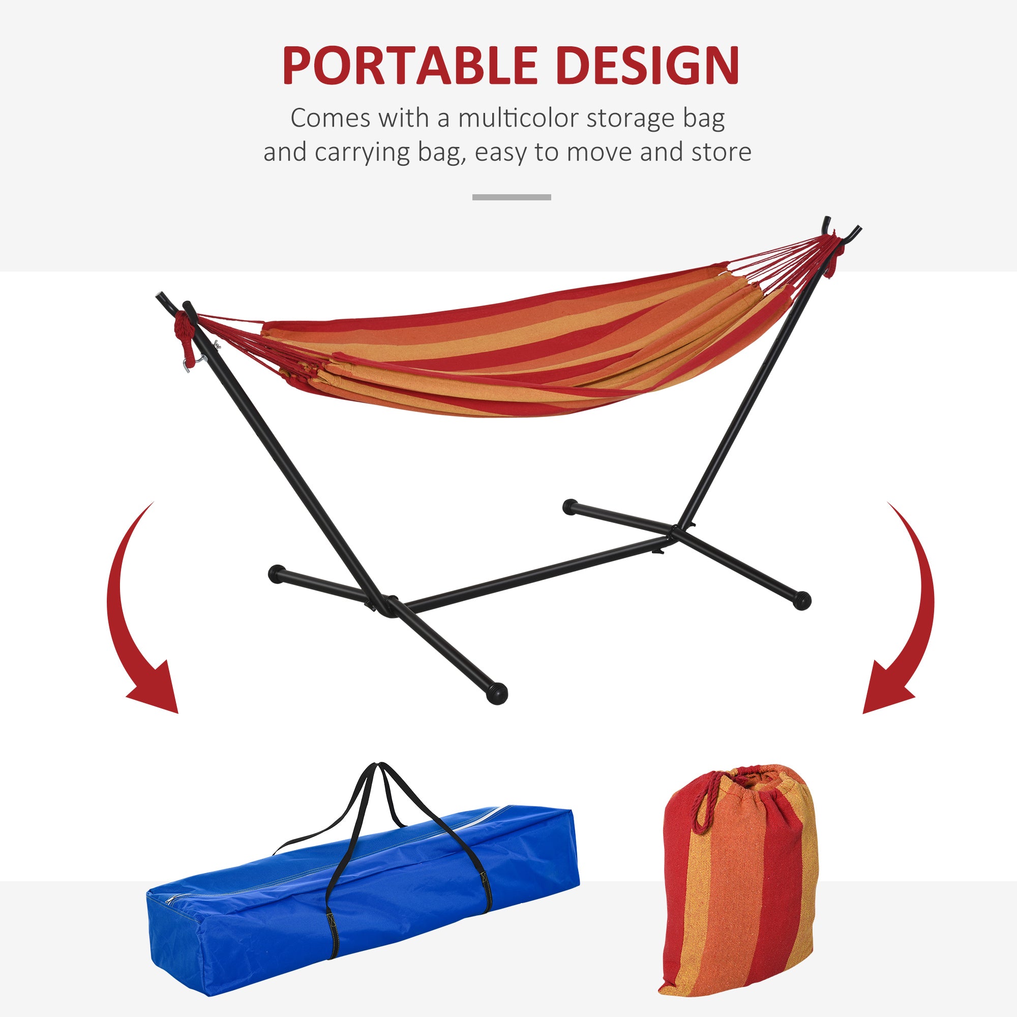 Outsunny Camping Hammock: Portable Stand with Adjustable Height, Striped Hammock with Carrying Bag, 120kg Capacity, 277 x 121cm, Red