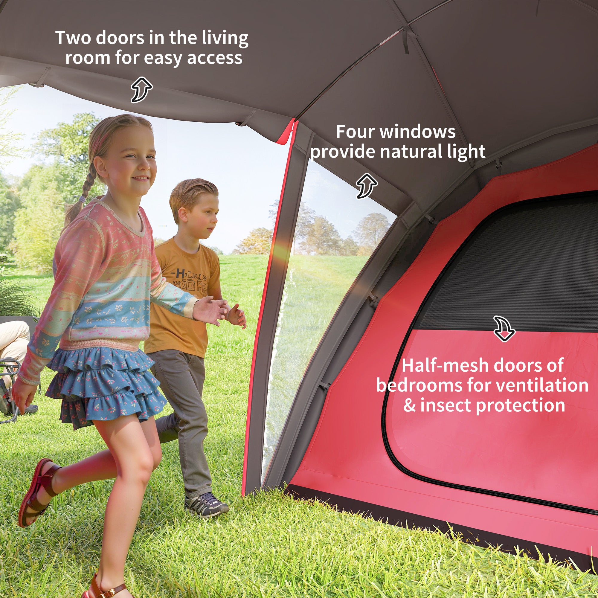 Outsunny 4-6 Man Family Camping Tent w/ 2 Bedrooms and a Living Room, Waterproof Tunnel Tent w/ Sewn In Groundsheet, Doors, Windows, Carry Bag, Grey - North Peak Garden Furniture