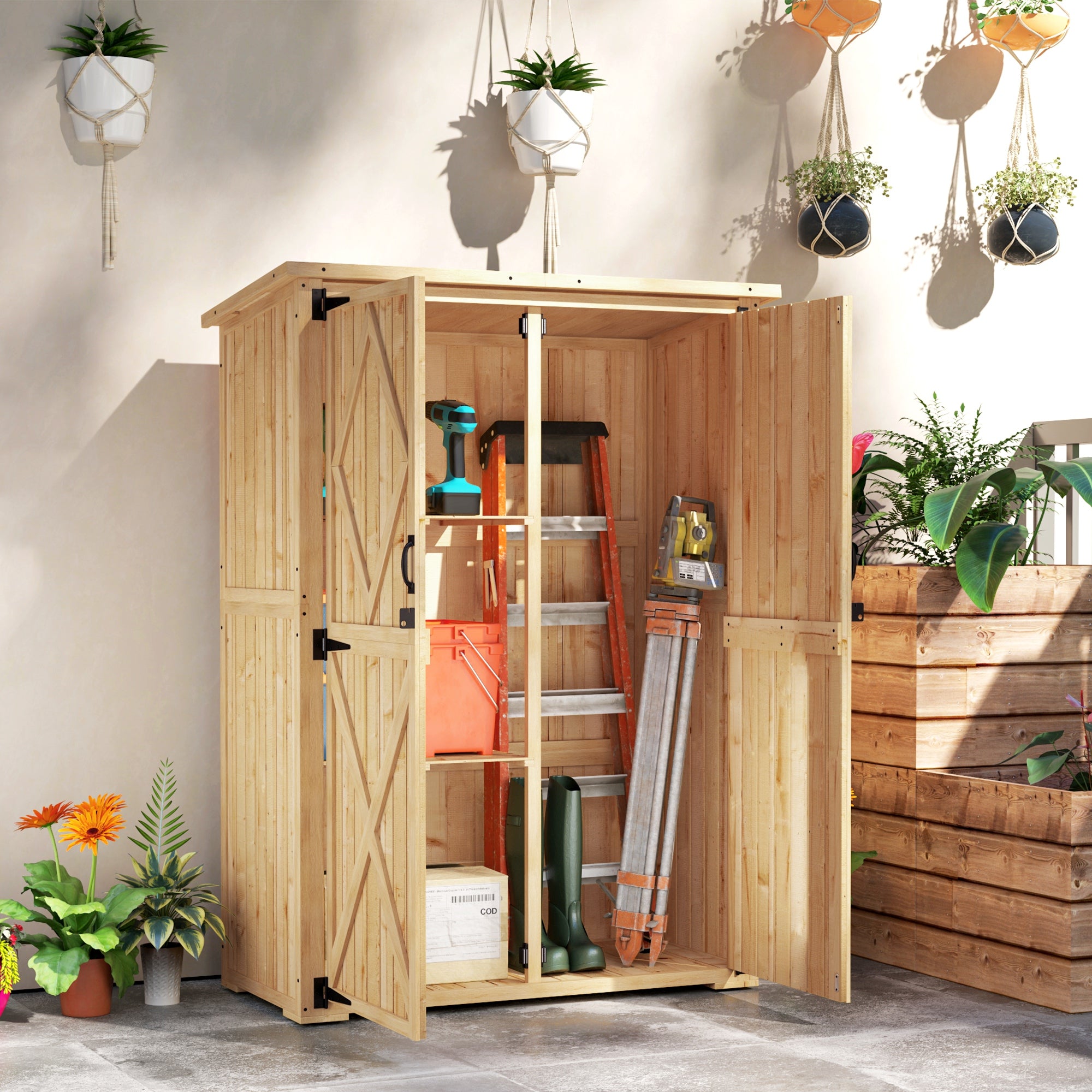 Outsunny Wooden Garden Storage Shed, Tool Storage Cabinet with Asphalt Roof and 2 Shelves for Garden Tools, Equipment, Outdoor Tool Shed with Double Doors, Natural