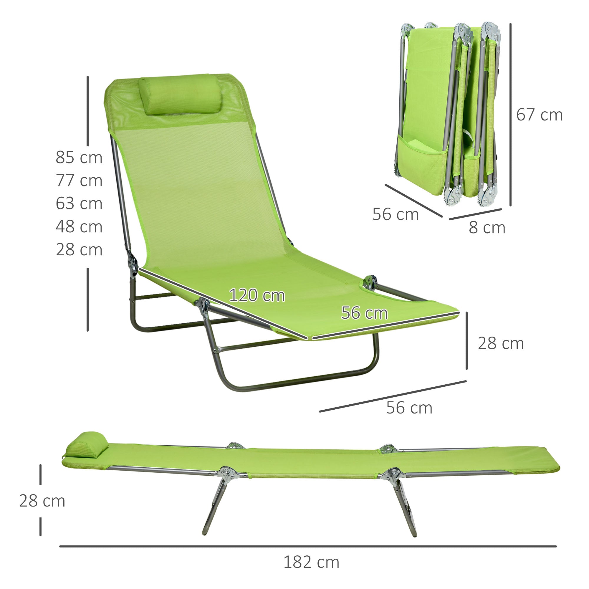 Outsunny Folding Sun Lounger Set of 2, Outdoor Day Beds with Pillow, Reclining Back, Steel Frame and Breathable Mesh for Beach, Yard, Patio, Green - North Peak Garden Furniture