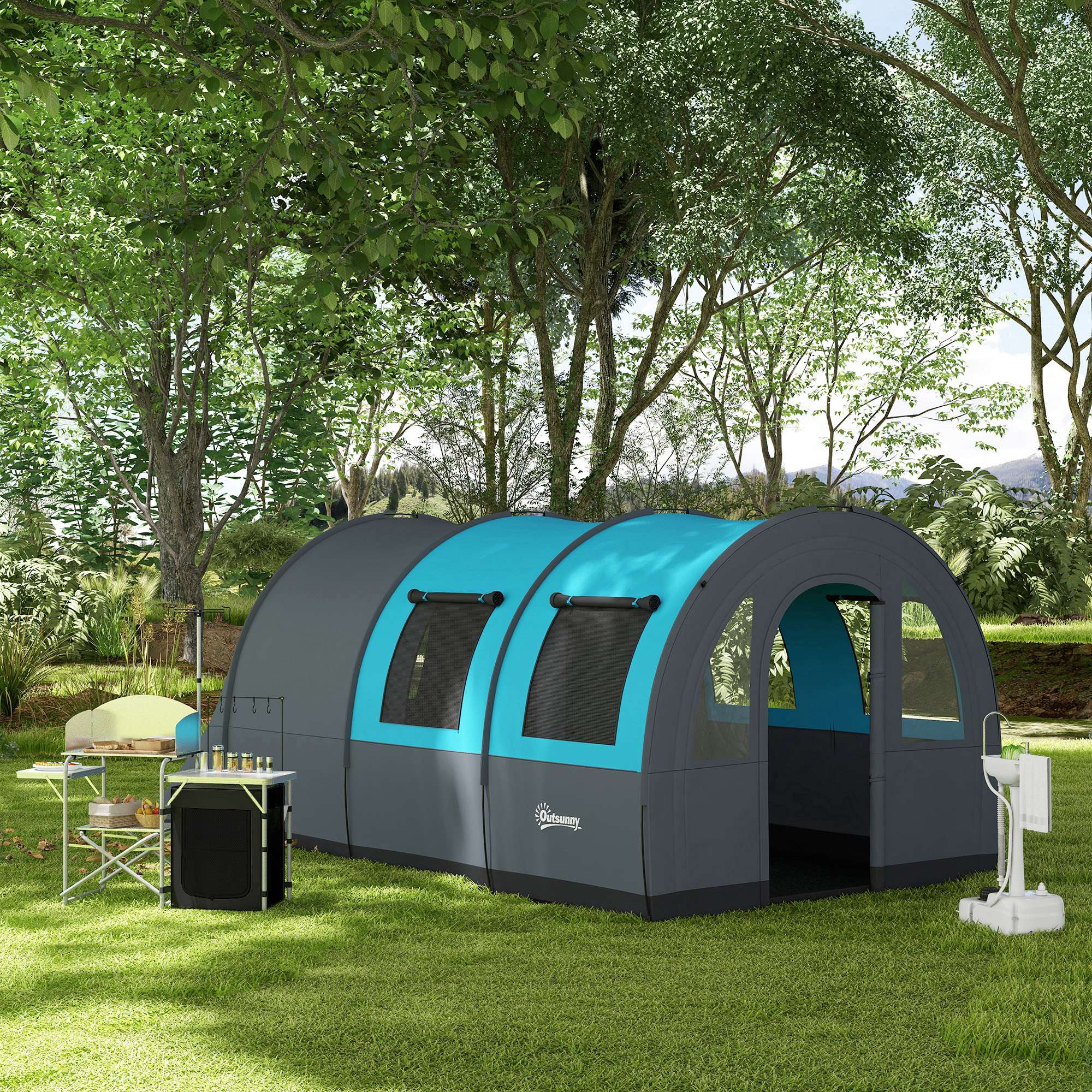 Outsunny Six Man Duo Room Tunnel Tent, with Accessories - Grey/Blue - North Peak Garden Furniture
