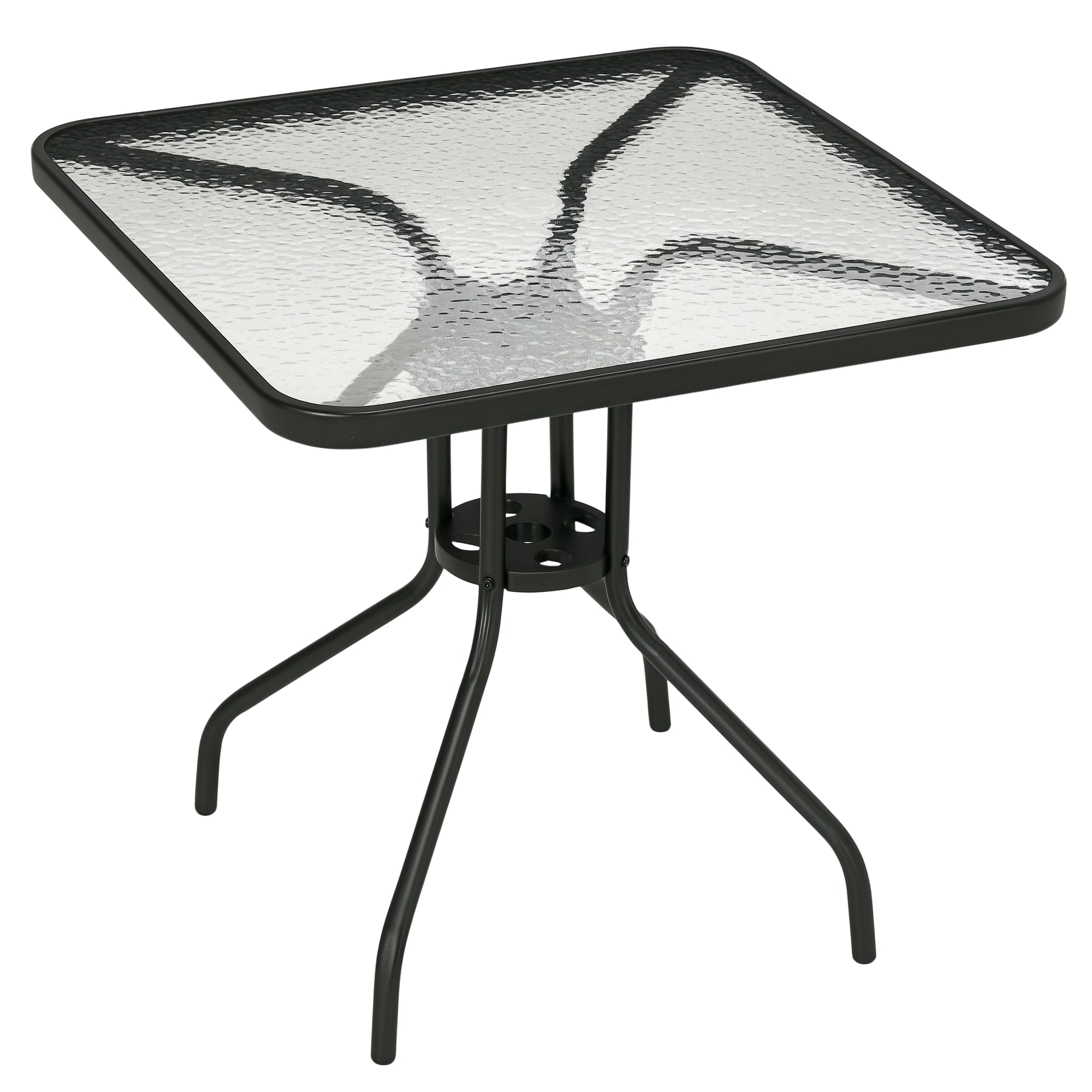 Outsunny Square Patio Table, Tempered Glass Top Bistro Table, Garden Dining Table, Outdoor Accent Coffee Table 76 x 76cm Steel Frame with Umbrella Hole