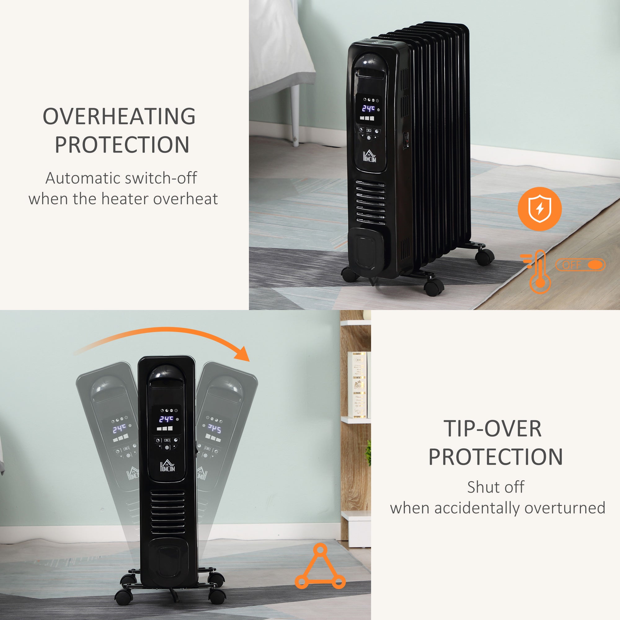 HOMCOM 2000W Digital Oil Filled Radiator, 9 Fin, Portable Electric Heater with LED Display, Timer, 3 Heat Settings, Safety Cut-Off and Remote Control, Black - North Peak Garden Furniture