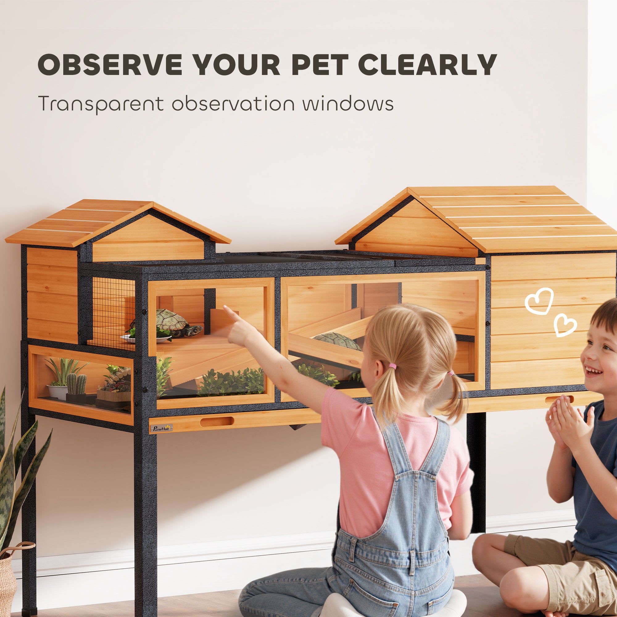 PawHut Wooden Tortoise House with Stand Legs, Clear Observation Windows, Ramps, Openable Top, Built-in Tray, Yellow