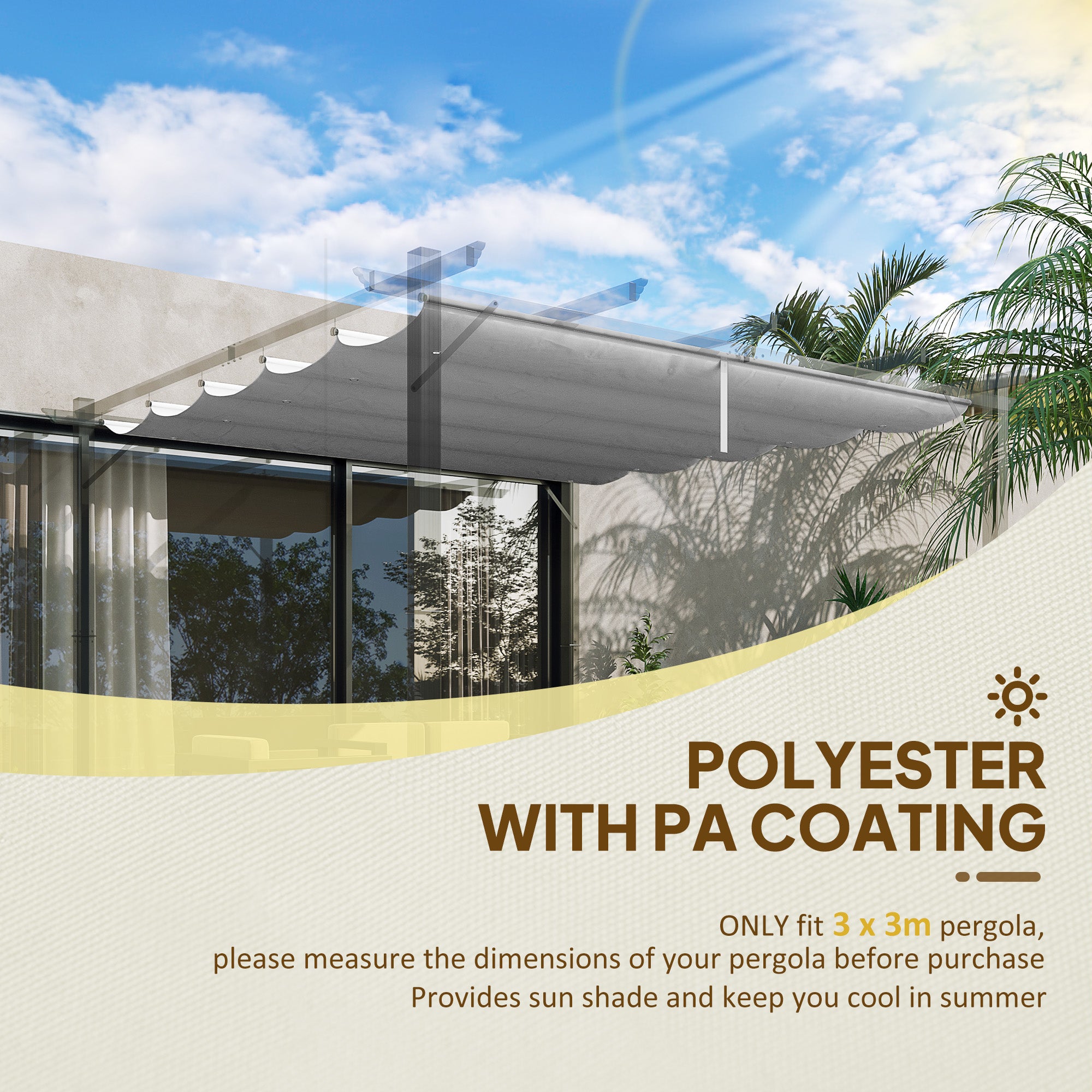 Outsunny Retractable Pergola Shade Cover, Replacement Canopy Fabric for 3 x 3 (m) Pergola, Gazebo Retractable Roof, Light Grey - North Peak Garden Furniture