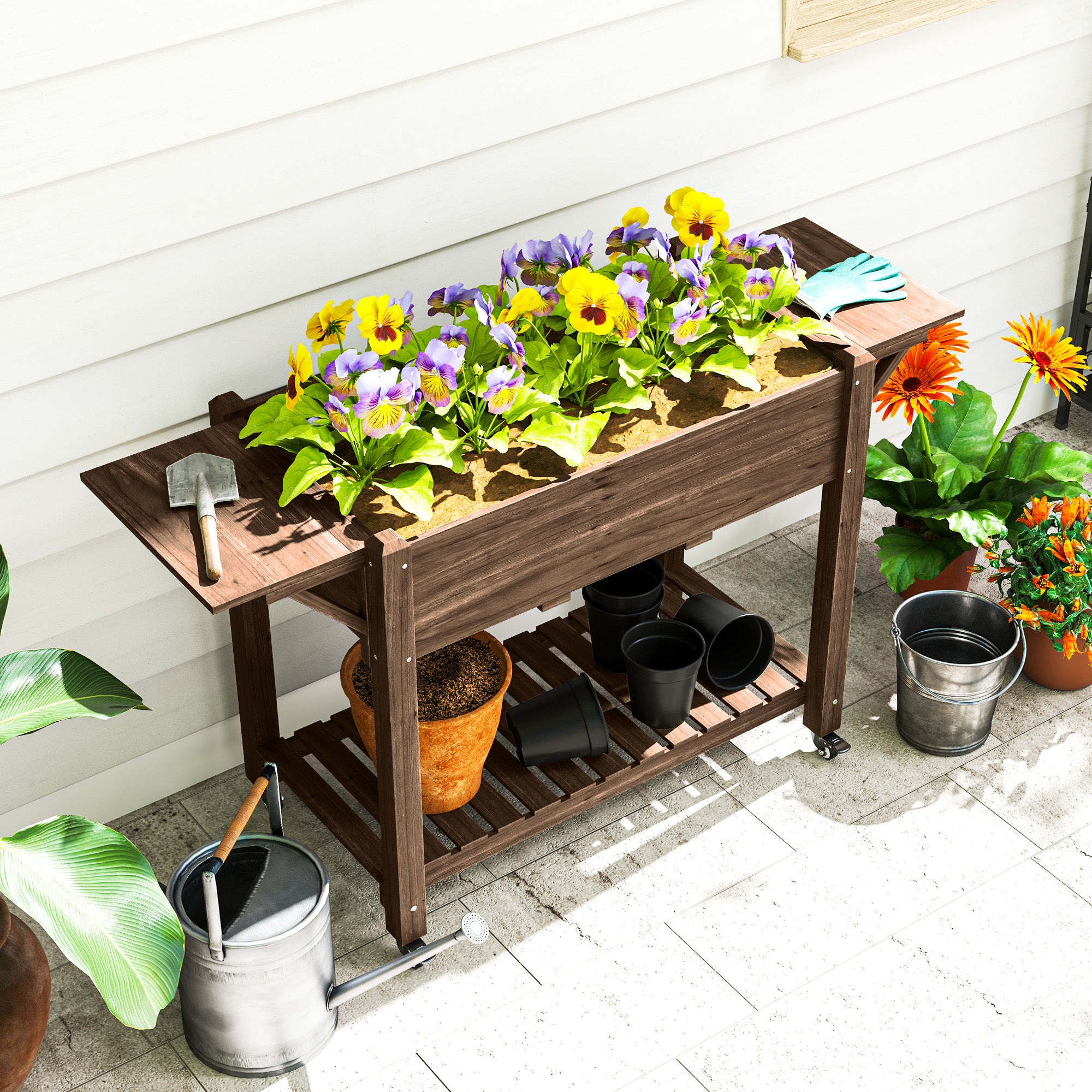 Outsunny 46 x 94cm Wooden Raised Planter, with Shelves - Carbonised - North Peak Garden Furniture