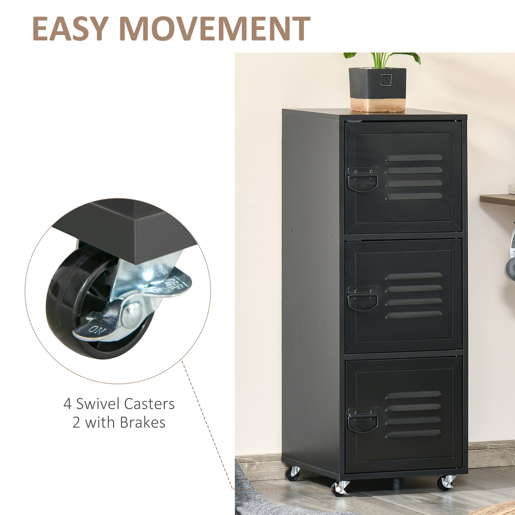 HOMCOM Rolling Storage Cabinet 3-Tier Mobile File Cabinet with Wheels & Metal Doors for Home Office, Living Room, Black - North Peak Garden Furniture