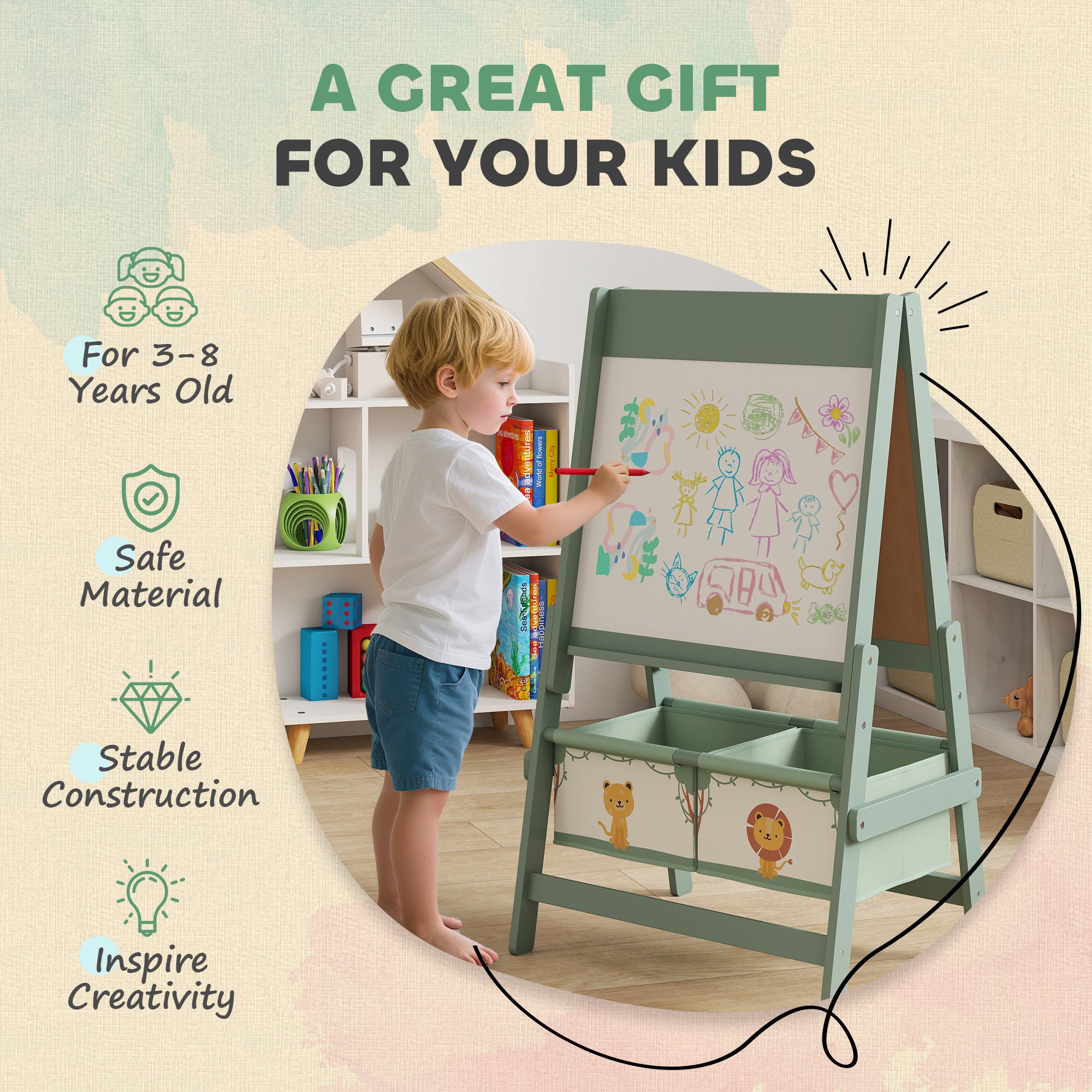AIYAPLAY Art Easel for Kids, Double-Sided Whiteboard/Blackboard with Paper Roll, Two Storage Boxes, for Ages 3-8 Years, Green
