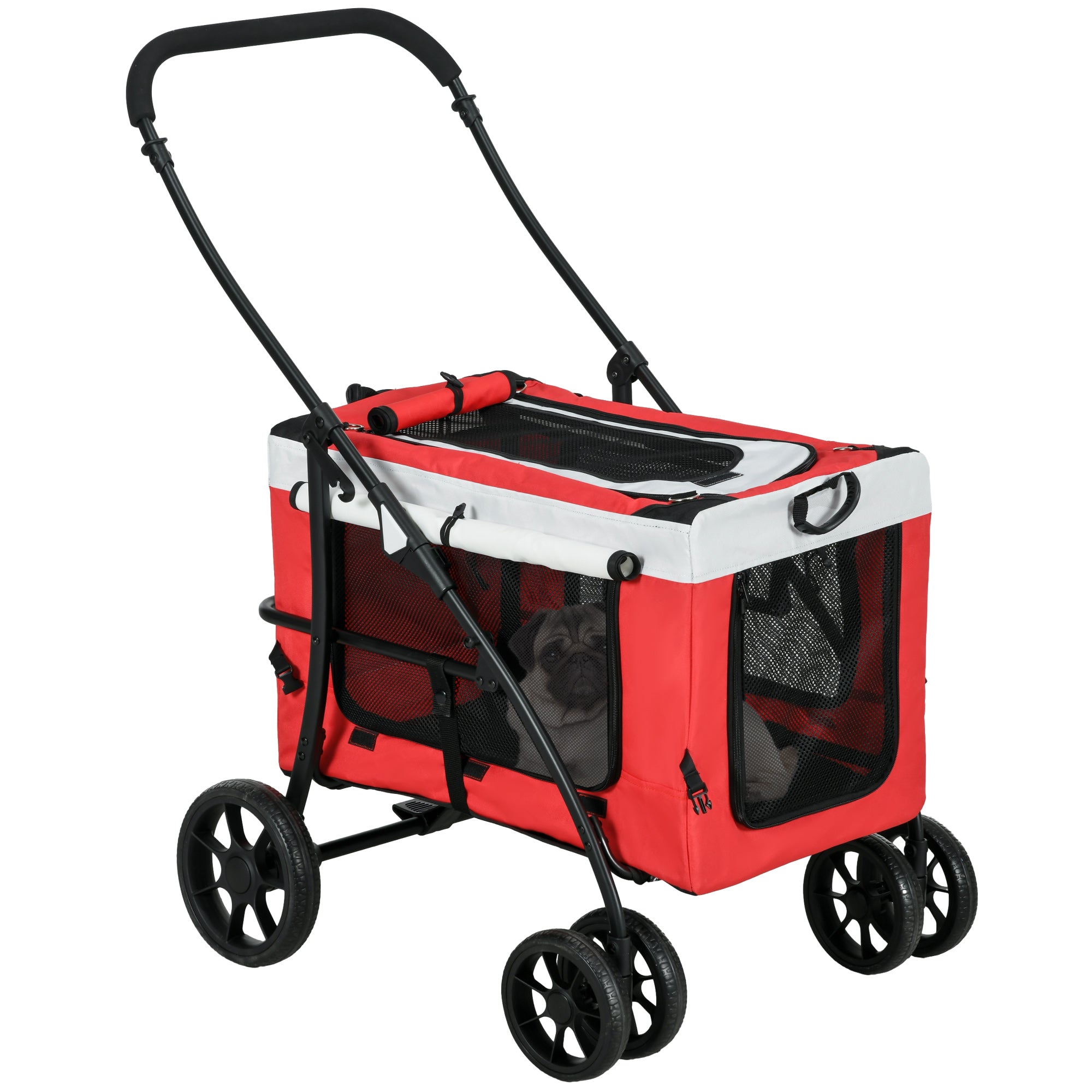 PawHut Foldable Dog Stroller, Pet Travel Crate, with Detachable Carrier, Soft Padding, for Mini, Small Dogs - Red - North Peak Garden Furniture