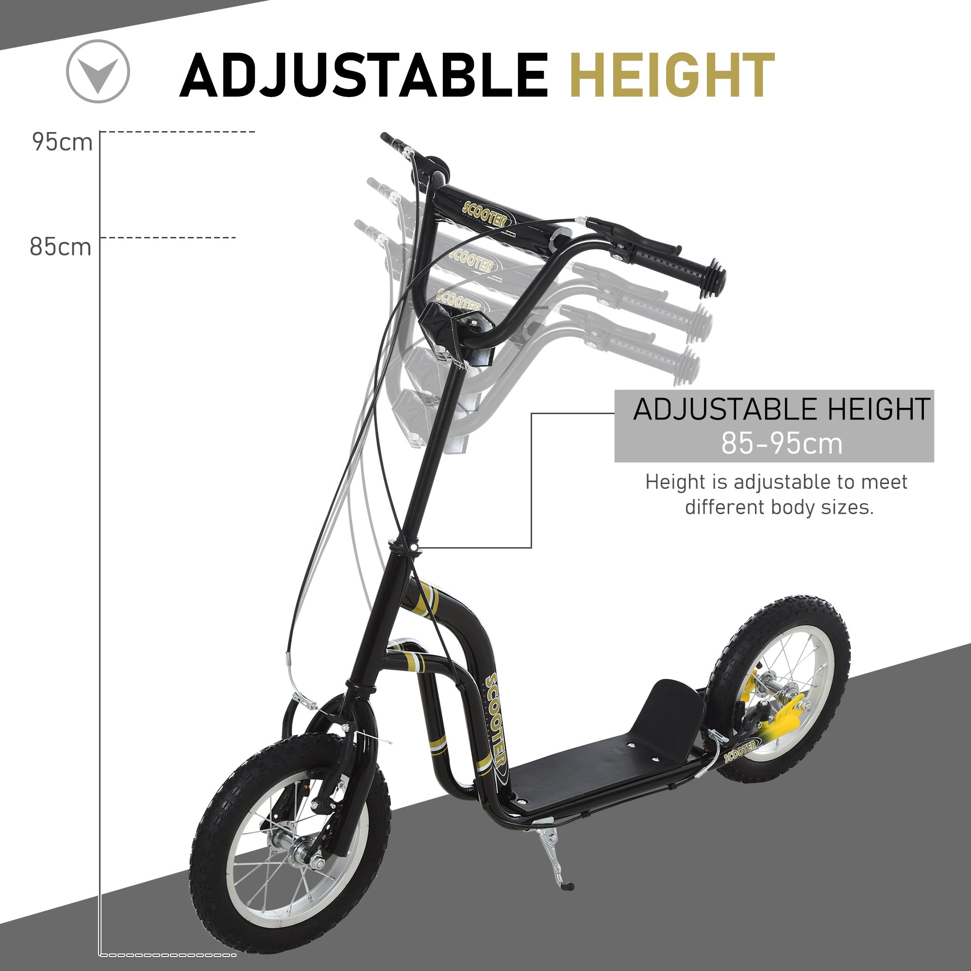 HOMCOM Teen Kids Stunt Scooter w/ Adjustable Handlebar, 12 Inch Rubber Tyres, Dual Brakes, Black - North Peak Garden Furniture